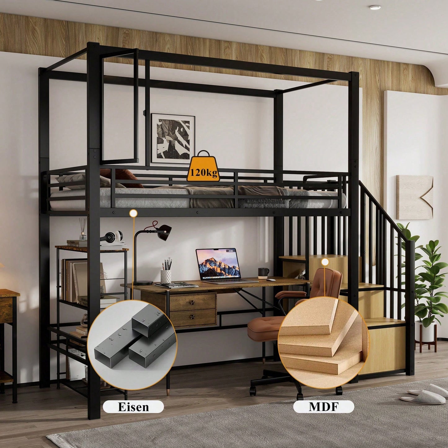 Modernes Hochbett Eisen + MDF in Schwarz/Natur – Mit Treppe inkl. Garderobe & Ablagefächern – Innovatives Acryl-Fenster mit Magnetfunktion – Flexibel nutzbare untere Etage – Sicher & stilvoll