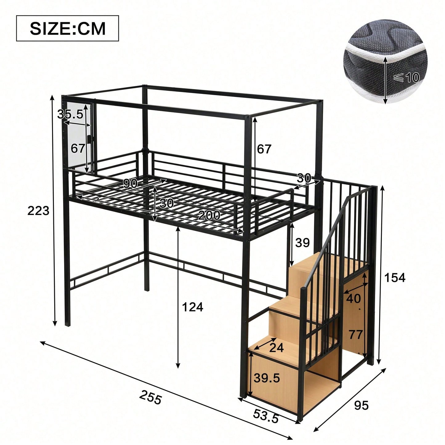 Modernes Hochbett Eisen + MDF in Schwarz/Natur – Mit Treppe inkl. Garderobe & Ablagefächern – Innovatives Acryl-Fenster mit Magnetfunktion – Flexibel nutzbare untere Etage – Sicher & stilvoll