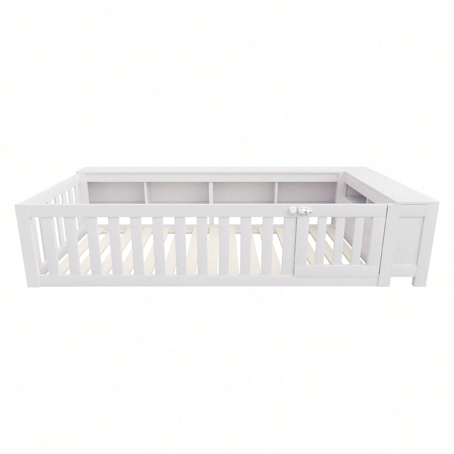 Kinderbett 90x200 cm aus Massivholz – Multifunktionales Einzelbett mit Sicherheitsgitter, Türchen & großzügigem Stauraum – Inkl. Lattenrost, Rundum-Schutz & Aufbewahrungsfächern (Weiß)