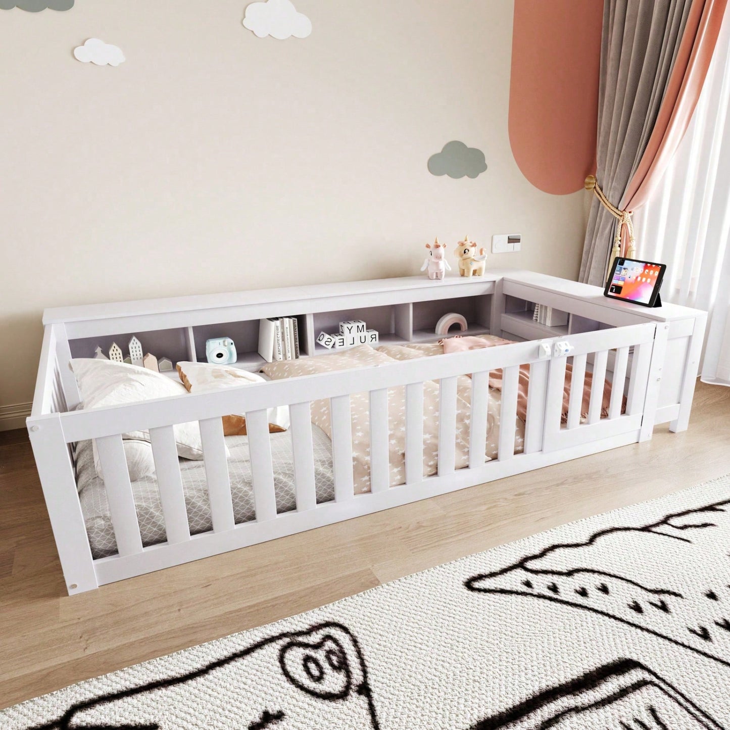 Kinderbett 90x200 cm aus Massivholz – Multifunktionales Einzelbett mit Sicherheitsgitter, Türchen & großzügigem Stauraum – Inkl. Lattenrost, Rundum-Schutz & Aufbewahrungsfächern (Weiß)