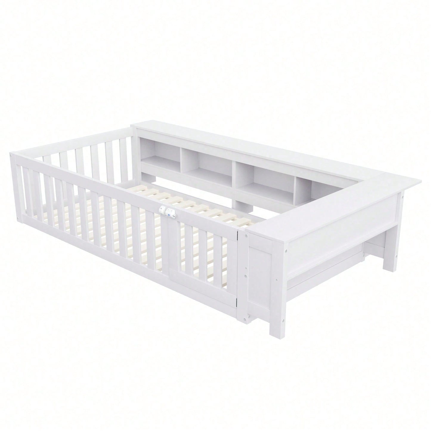 Kinderbett 90x200 cm aus Massivholz – Multifunktionales Einzelbett mit Sicherheitsgitter, Türchen & großzügigem Stauraum – Inkl. Lattenrost, Rundum-Schutz & Aufbewahrungsfächern (Weiß)