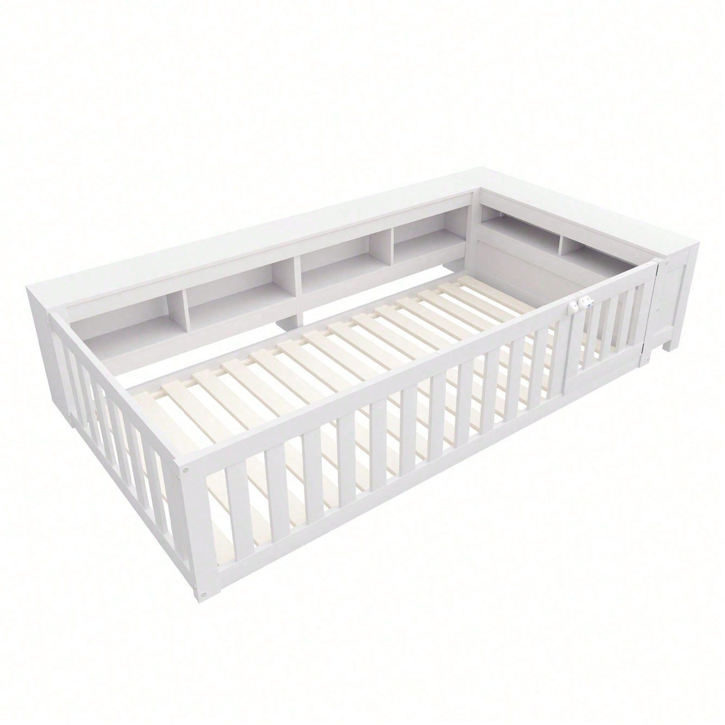 Kinderbett 90x200 cm aus Massivholz – Multifunktionales Einzelbett mit Sicherheitsgitter, Türchen & großzügigem Stauraum – Inkl. Lattenrost, Rundum-Schutz & Aufbewahrungsfächern (Weiß)