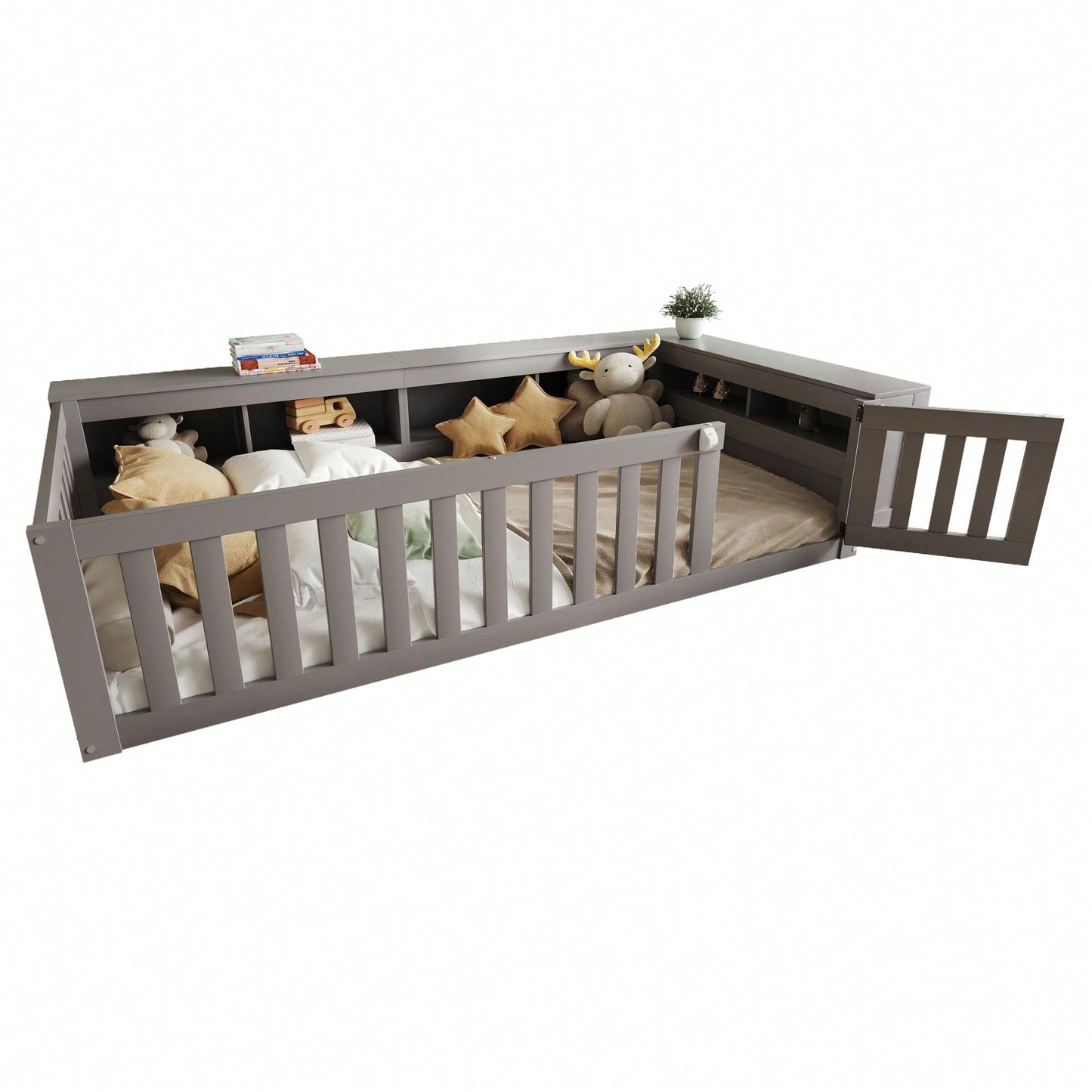 Kinderbett 90x200 cm aus Massivholz – Multifunktionales Einzelbett mit Sicherheitsgitter, Türchen & großzügigem Stauraum – Inkl. Lattenrost, Rundum-Schutz & Aufbewahrungsfächern (Weiß)