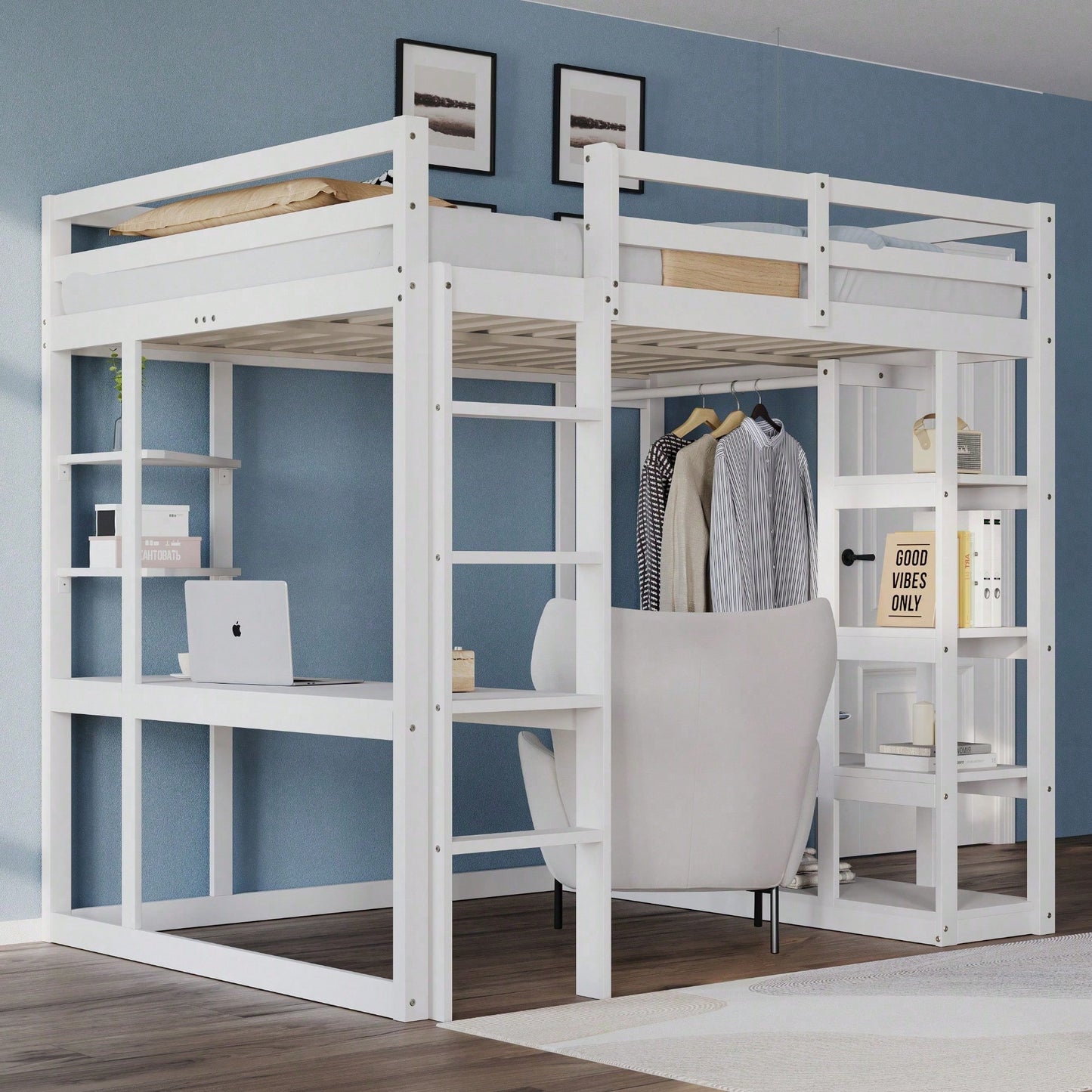 Massivholz-Hochbett 140x200 cm mit Schreibtisch & Regalen – Kinder-/Jugendbett in Weiß (inkl. Leiter, Ablageflächen & Aufhängungen) – Stilvolles Doppelbett mit Laminat-Oberflächen
