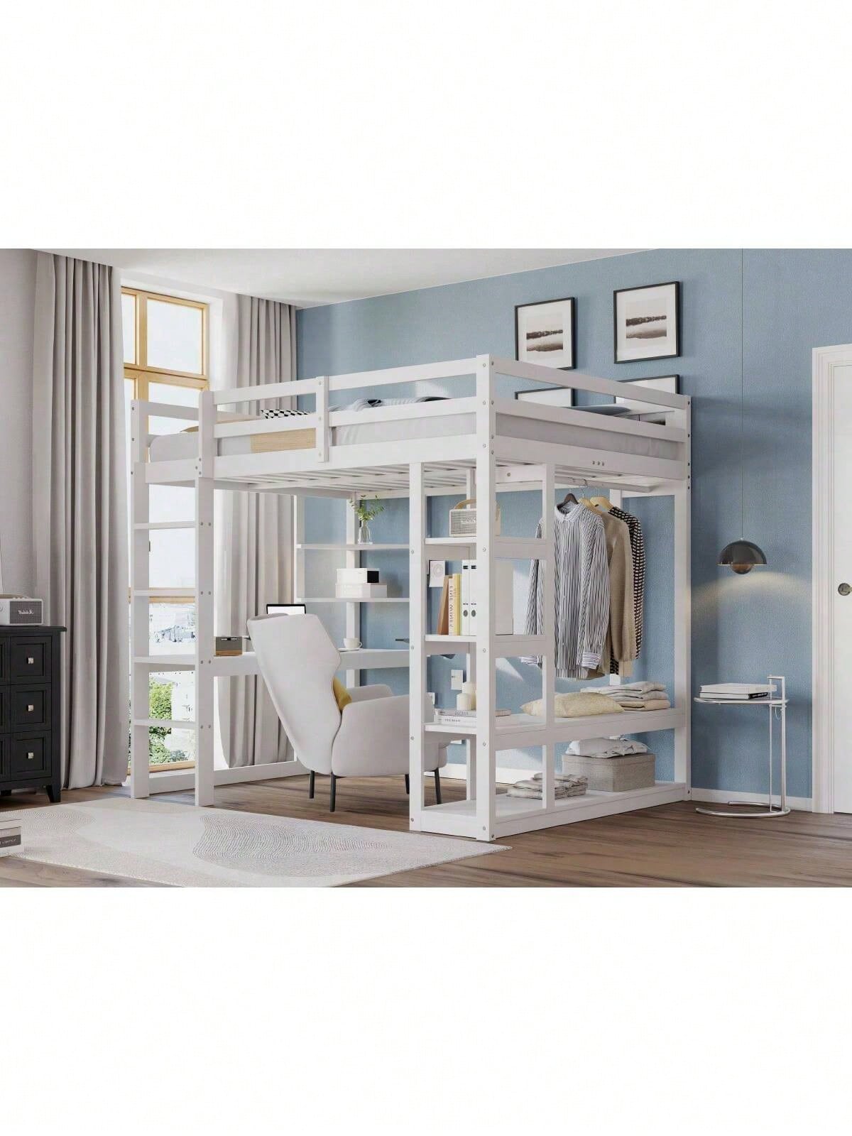 Massivholz-Hochbett 140x200 cm mit Schreibtisch & Regalen – Kinder-/Jugendbett in Weiß (inkl. Leiter, Ablageflächen & Aufhängungen) – Stilvolles Doppelbett mit Laminat-Oberflächen