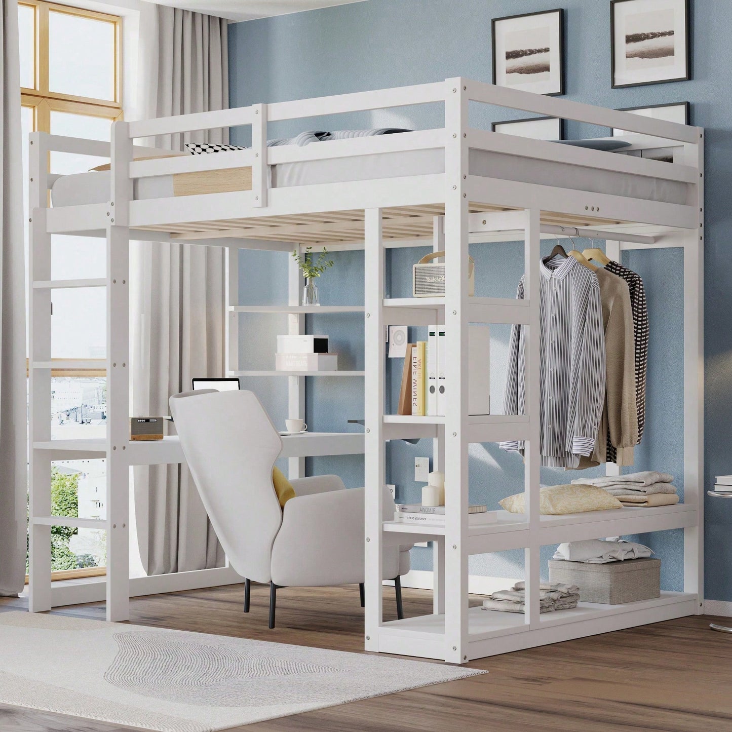 Massivholz-Hochbett 140x200 cm mit Schreibtisch & Regalen – Kinder-/Jugendbett in Weiß (inkl. Leiter, Ablageflächen & Aufhängungen) – Stilvolles Doppelbett mit Laminat-Oberflächen