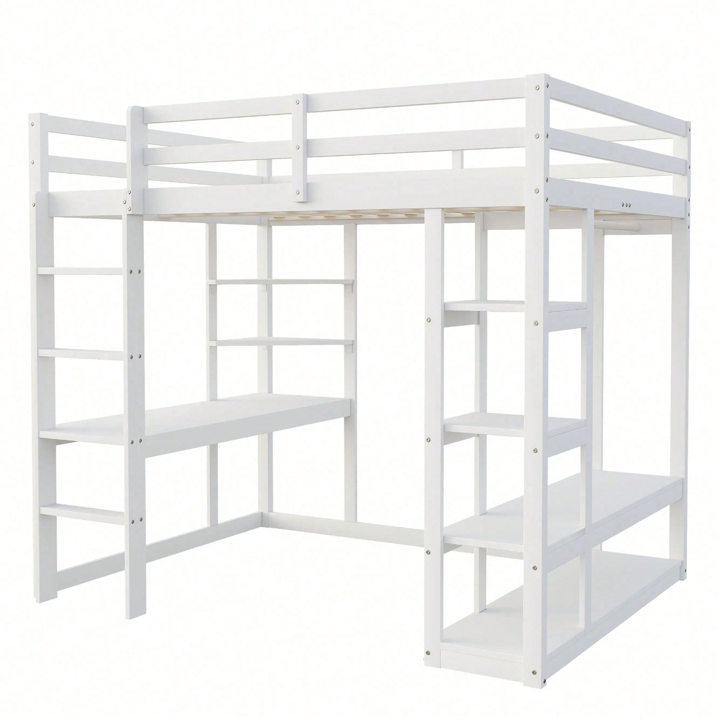 Massivholz-Hochbett 140x200 cm mit Schreibtisch & Regalen – Kinder-/Jugendbett in Weiß (inkl. Leiter, Ablageflächen & Aufhängungen) – Stilvolles Doppelbett mit Laminat-Oberflächen