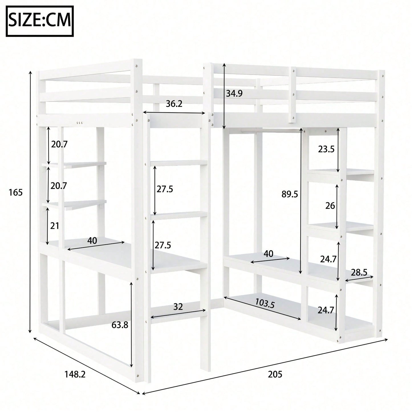Massivholz-Hochbett 140x200 cm mit Schreibtisch & Regalen – Kinder-/Jugendbett in Weiß (inkl. Leiter, Ablageflächen & Aufhängungen) – Stilvolles Doppelbett mit Laminat-Oberflächen
