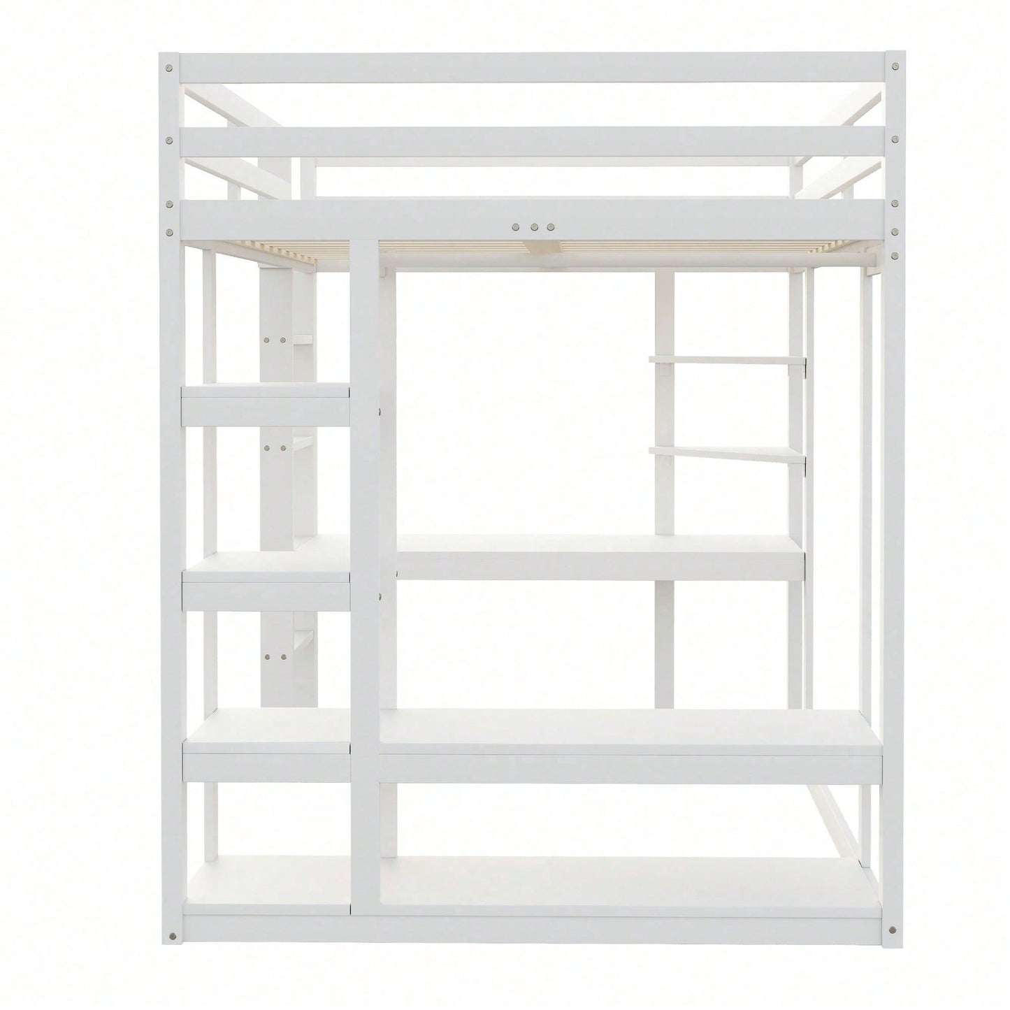 Massivholz-Hochbett 140x200 cm mit Schreibtisch & Regalen – Kinder-/Jugendbett in Weiß (inkl. Leiter, Ablageflächen & Aufhängungen) – Stilvolles Doppelbett mit Laminat-Oberflächen