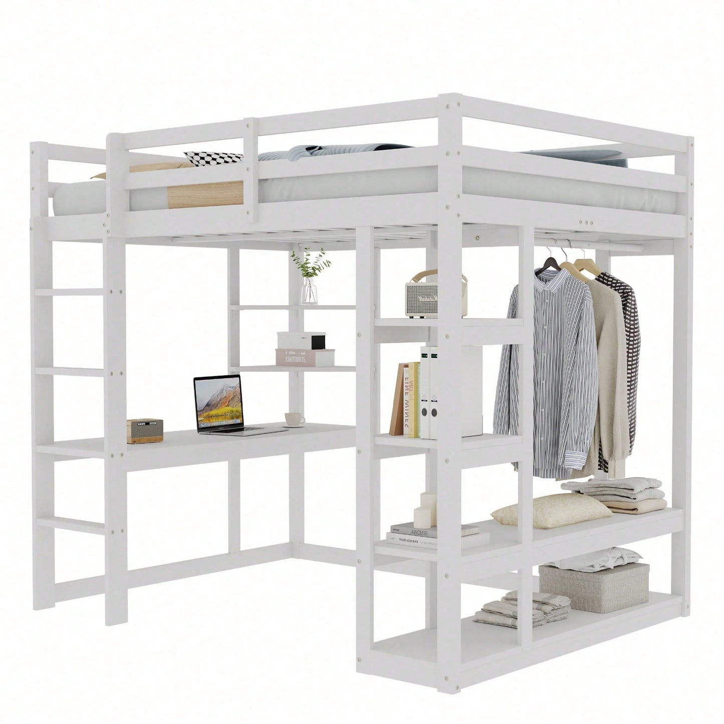 Massivholz-Hochbett 140x200 cm mit Schreibtisch & Regalen – Kinder-/Jugendbett in Weiß (inkl. Leiter, Ablageflächen & Aufhängungen) – Stilvolles Doppelbett mit Laminat-Oberflächen