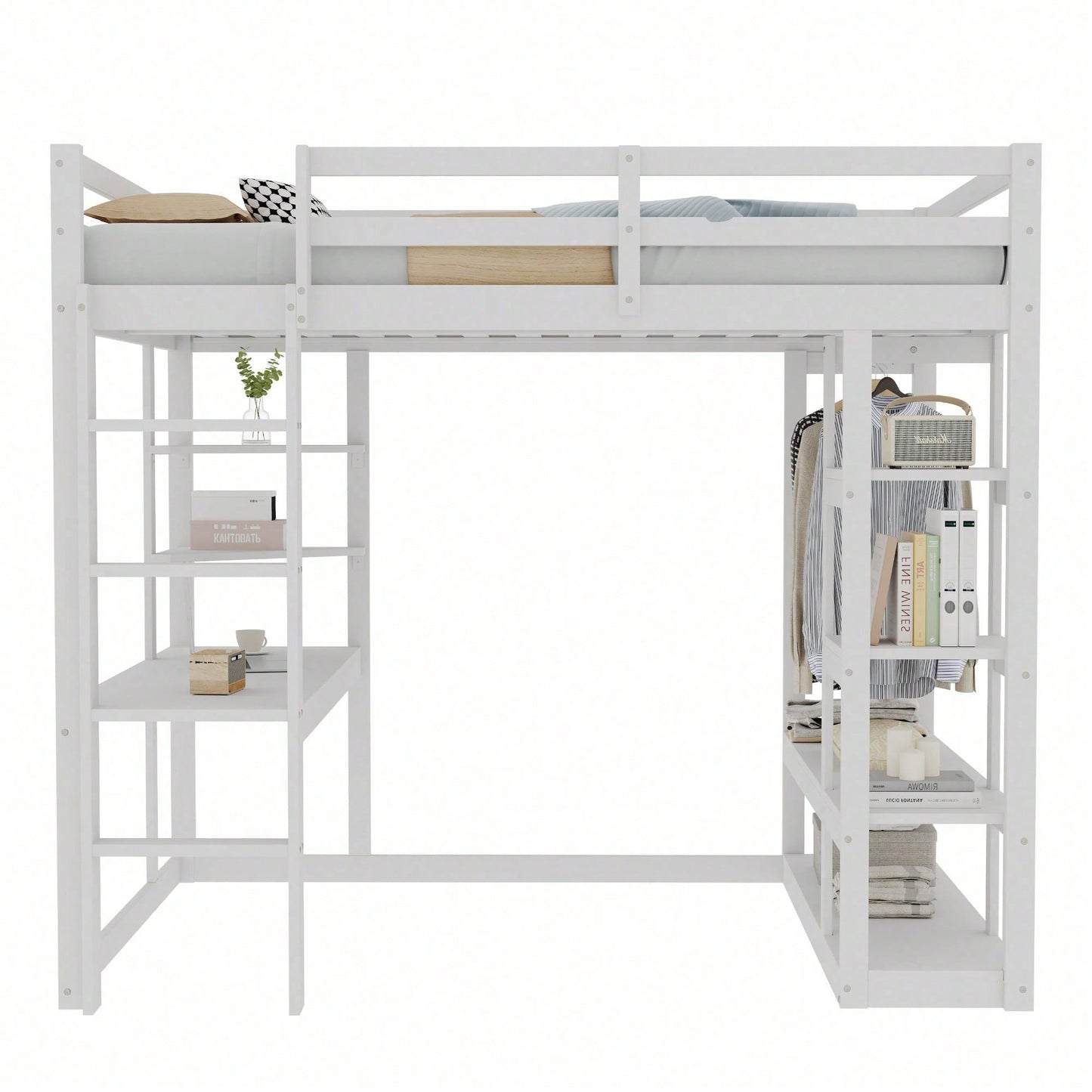 Massivholz-Hochbett 140x200 cm mit Schreibtisch & Regalen – Kinder-/Jugendbett in Weiß (inkl. Leiter, Ablageflächen & Aufhängungen) – Stilvolles Doppelbett mit Laminat-Oberflächen