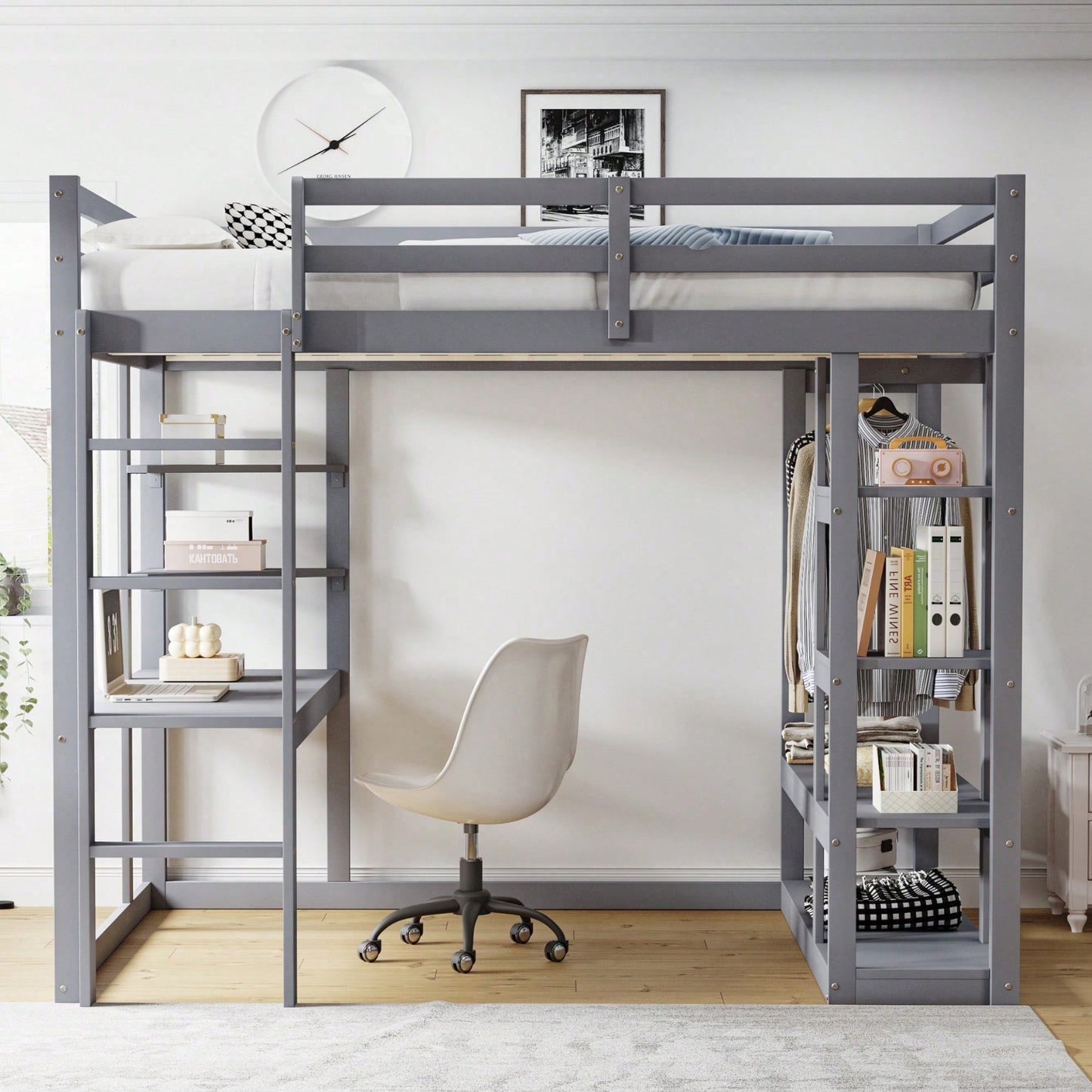 Massivholz-Hochbett 140x200 cm mit Schreibtisch & Regalen – Kinder-/Jugendbett in Weiß (inkl. Leiter, Ablageflächen & Aufhängungen) – Stilvolles Doppelbett mit Laminat-Oberflächen