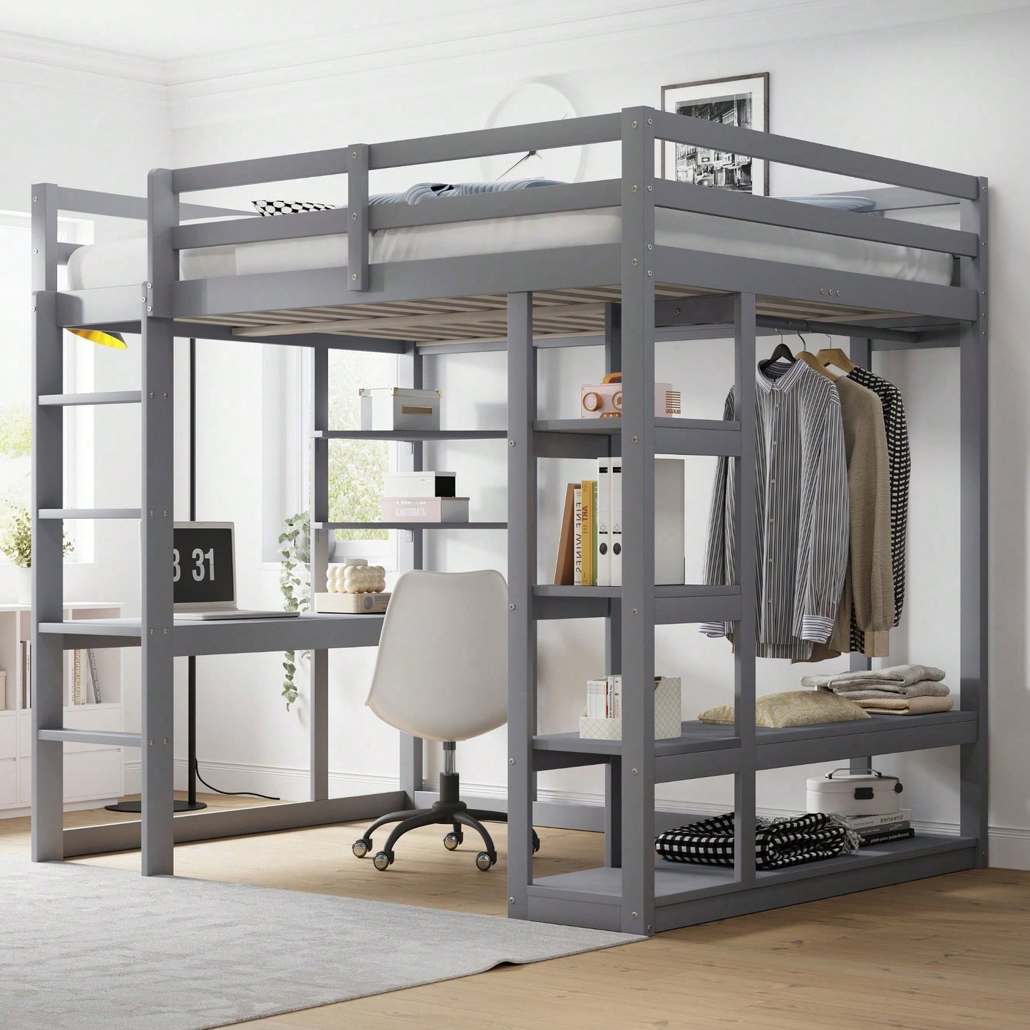 Massivholz-Hochbett 140x200 cm mit Schreibtisch & Regalen – Kinder-/Jugendbett in Weiß (inkl. Leiter, Ablageflächen & Aufhängungen) – Stilvolles Doppelbett mit Laminat-Oberflächen