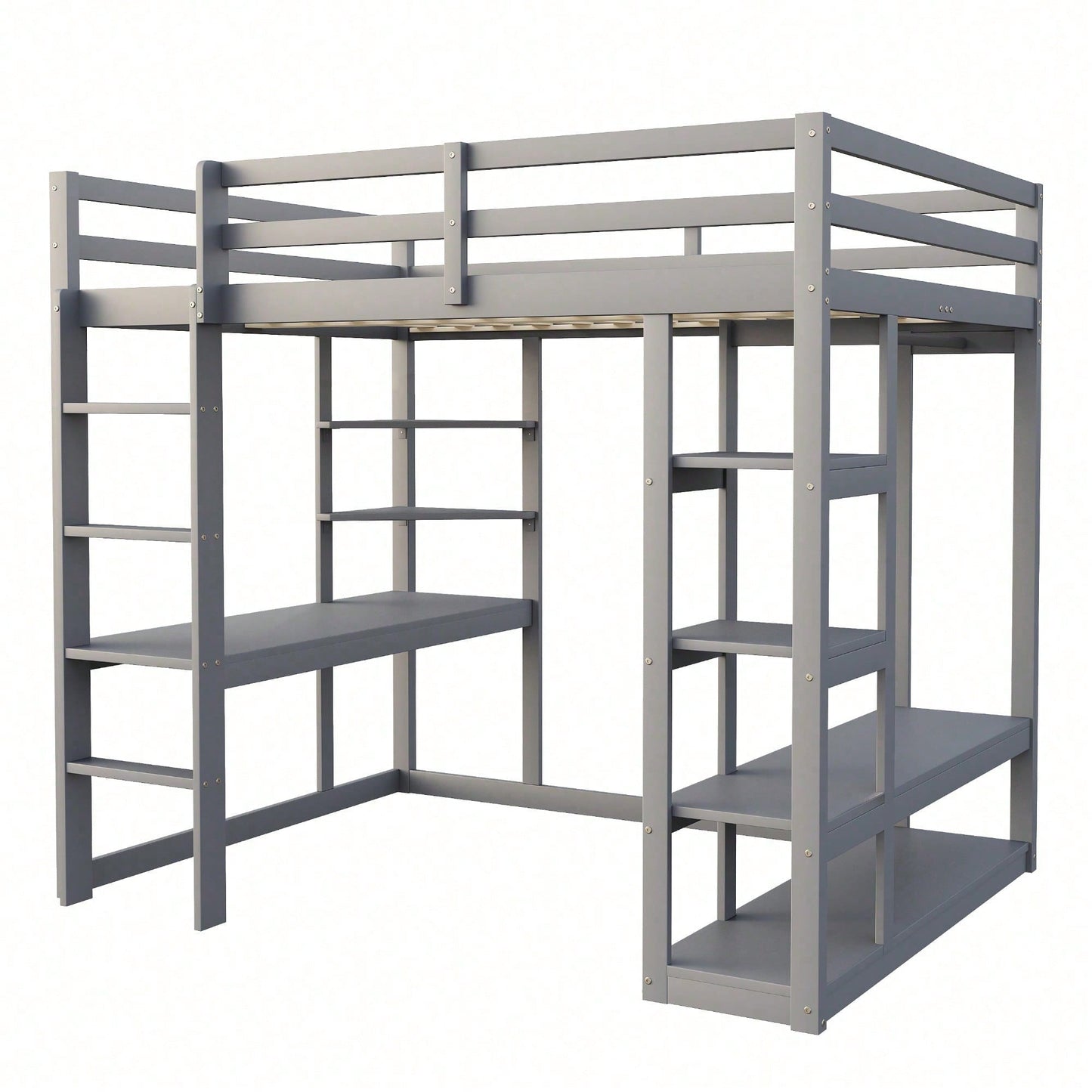 Massivholz-Hochbett 140x200 cm mit Schreibtisch & Regalen – Kinder-/Jugendbett in Weiß (inkl. Leiter, Ablageflächen & Aufhängungen) – Stilvolles Doppelbett mit Laminat-Oberflächen