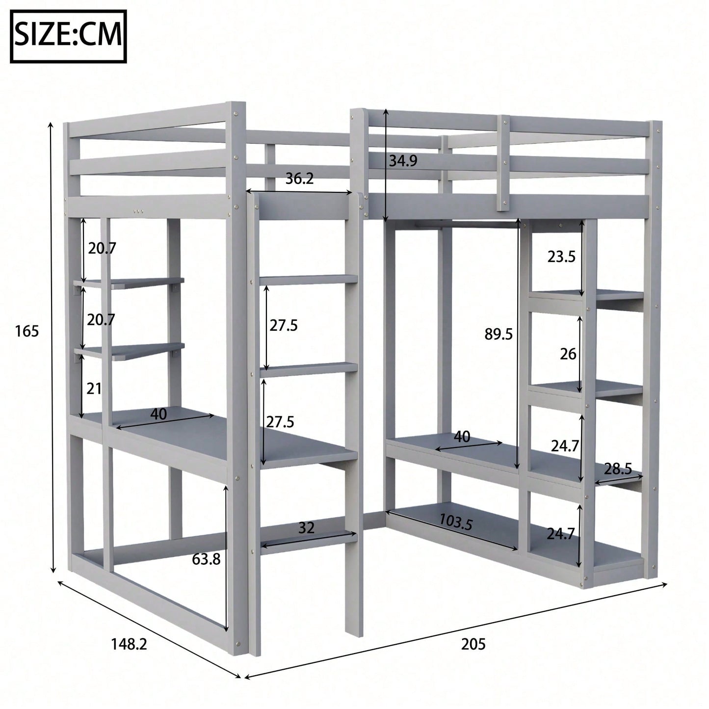 Massivholz-Hochbett 140x200 cm mit Schreibtisch & Regalen – Kinder-/Jugendbett in Weiß (inkl. Leiter, Ablageflächen & Aufhängungen) – Stilvolles Doppelbett mit Laminat-Oberflächen
