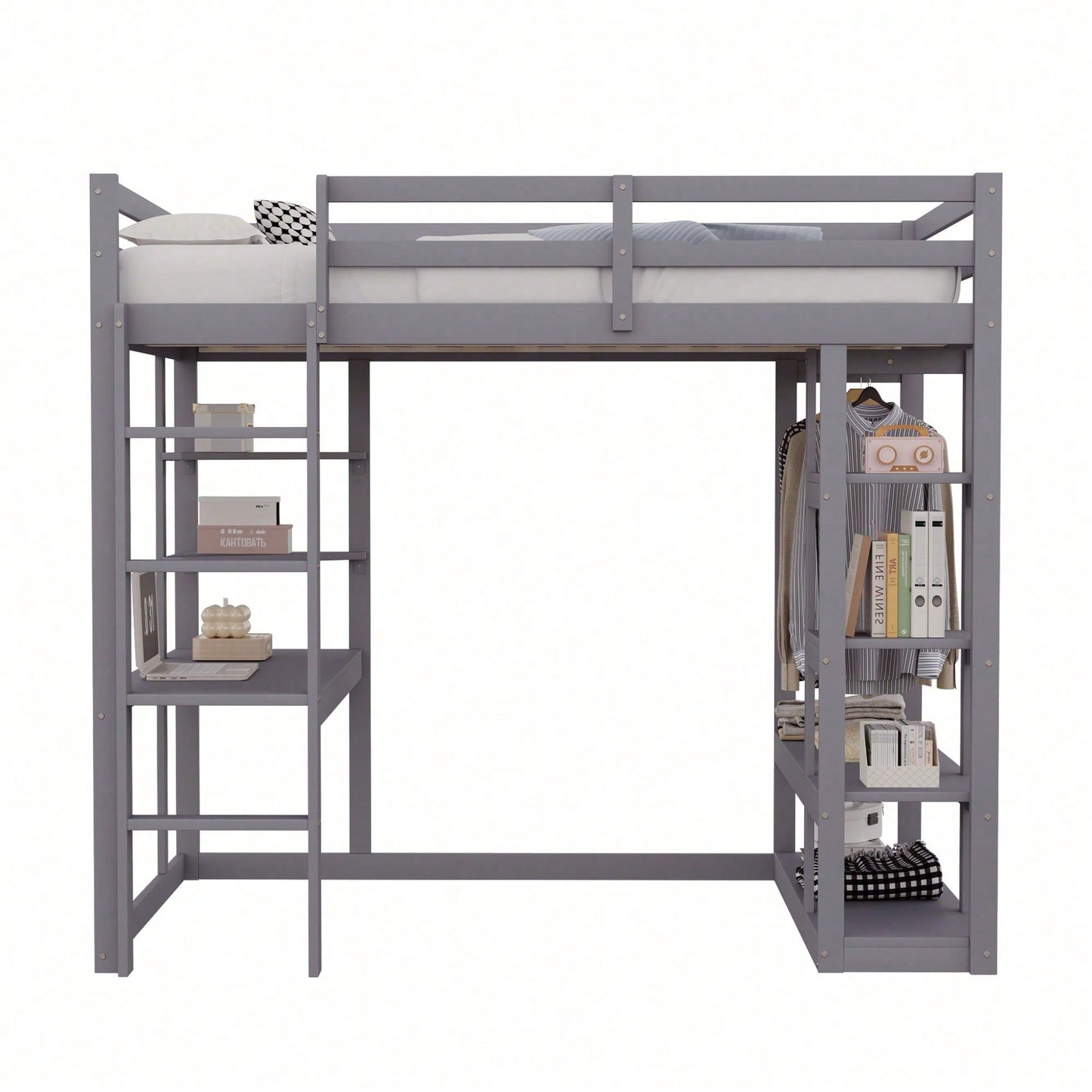 Massivholz-Hochbett 140x200 cm mit Schreibtisch & Regalen – Kinder-/Jugendbett in Weiß (inkl. Leiter, Ablageflächen & Aufhängungen) – Stilvolles Doppelbett mit Laminat-Oberflächen