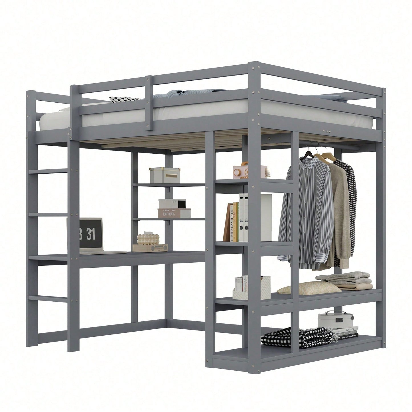 Massivholz-Hochbett 140x200 cm mit Schreibtisch & Regalen – Kinder-/Jugendbett in Weiß (inkl. Leiter, Ablageflächen & Aufhängungen) – Stilvolles Doppelbett mit Laminat-Oberflächen