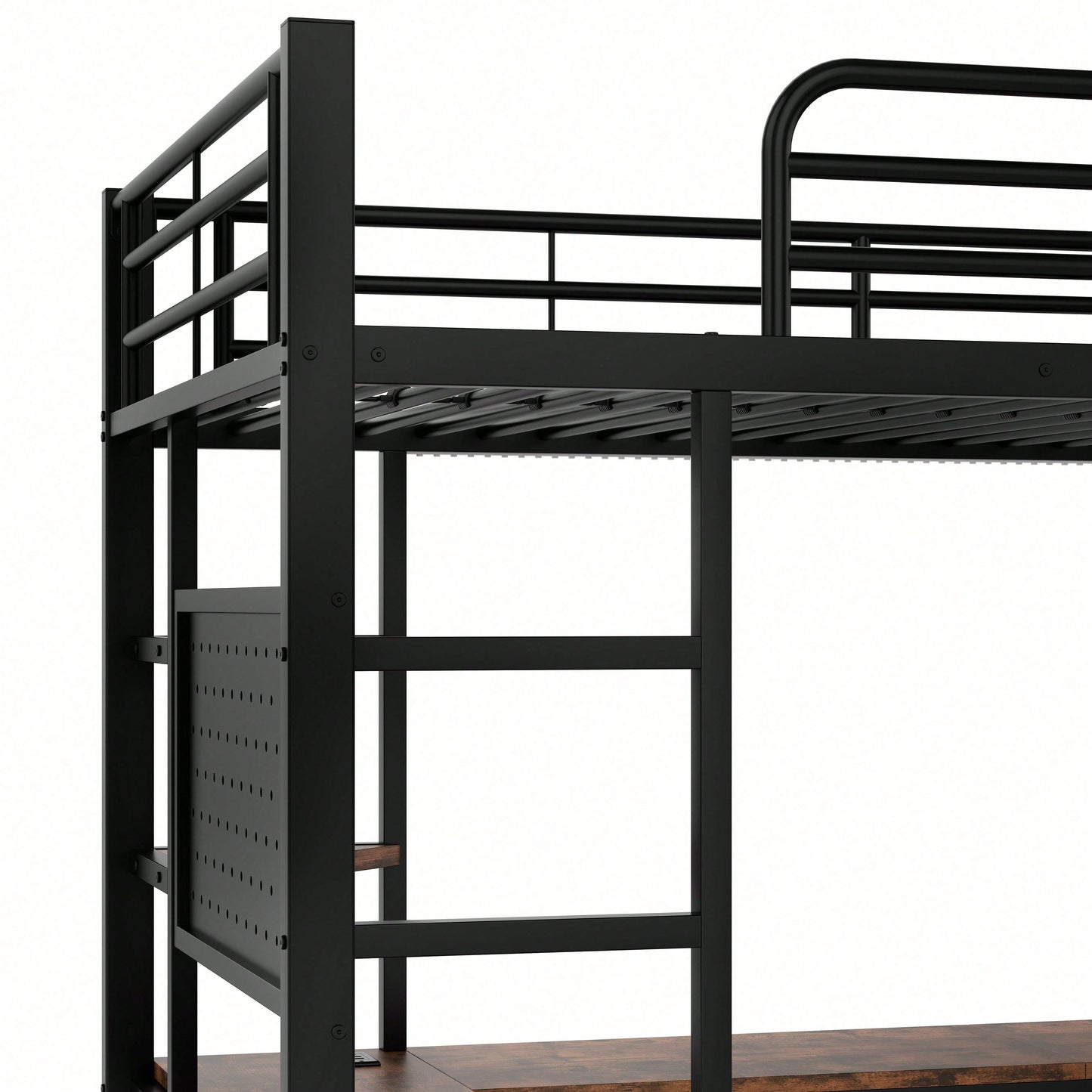 Hochbett 90x200 cm mit Schreibtisch & LED-Beleuchtung – Metallbett (Eisenrahmen) in Schwarz mit USB/Type-C-Anschlüssen, Lochbrett & Ablagen – Inkl. Geländer & Trittleiter (ohne Matratze)