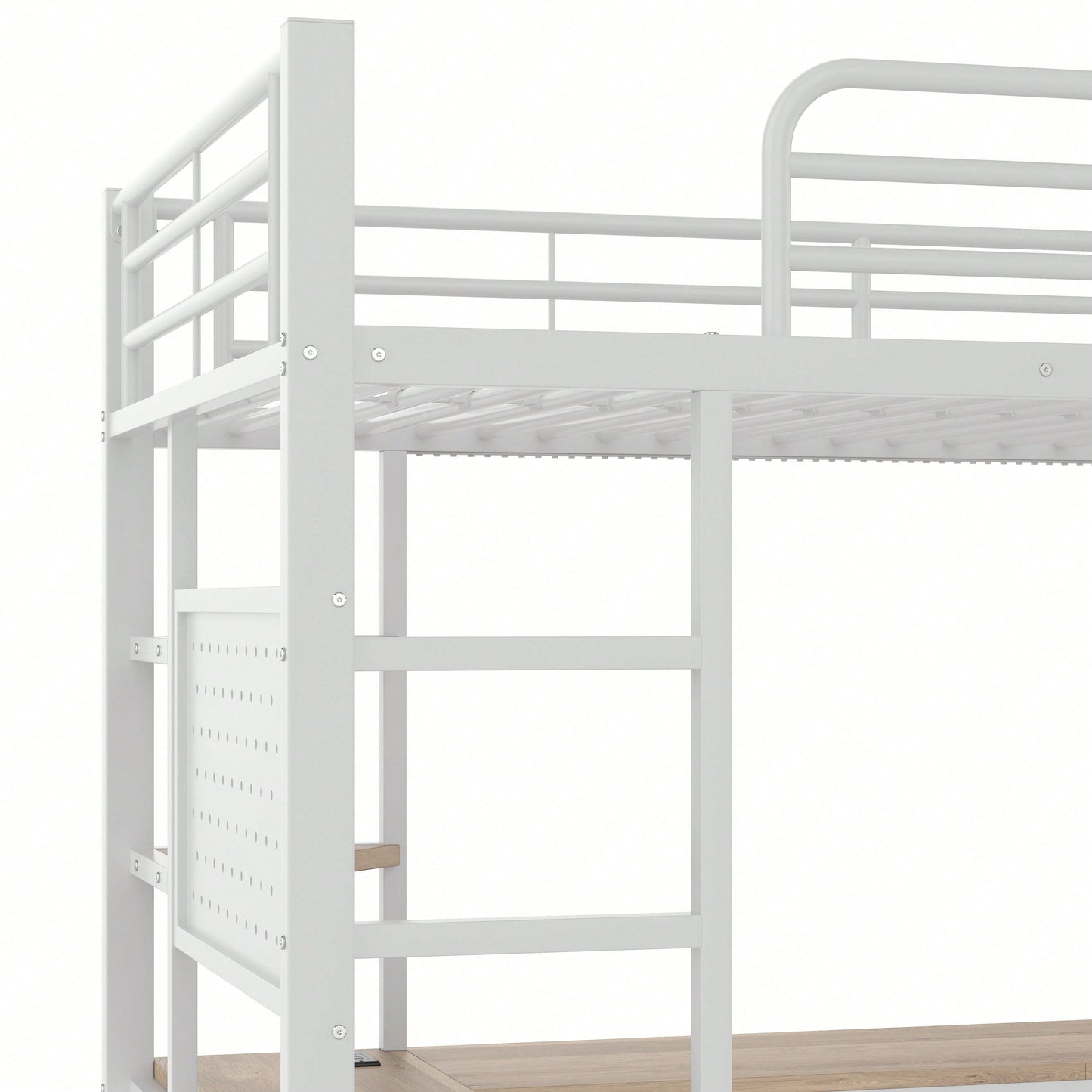 Hochbett 90x200 cm mit Schreibtisch & LED-Beleuchtung – Metallbett (Eisenrahmen) in Schwarz mit USB/Type-C-Anschlüssen, Lochbrett & Ablagen – Inkl. Geländer & Trittleiter (ohne Matratze)