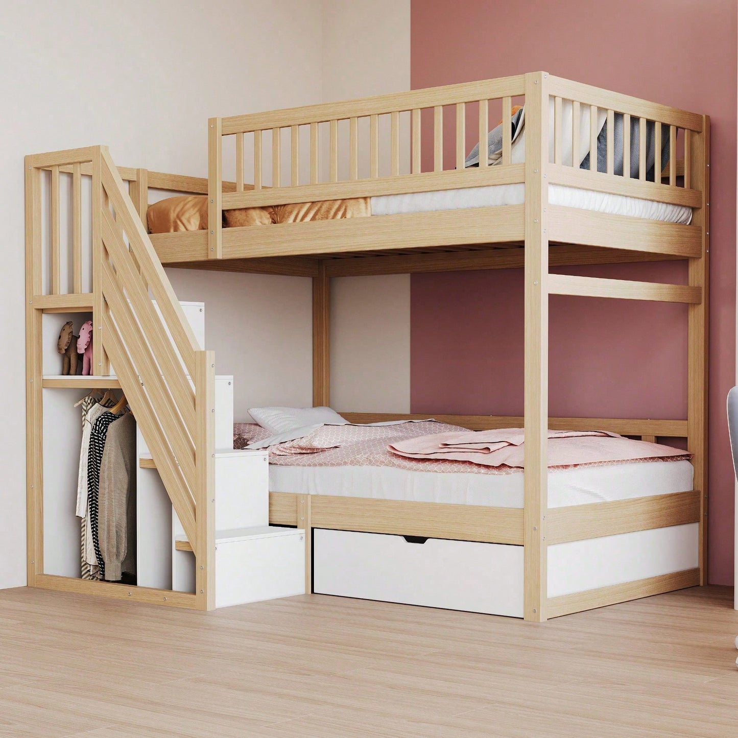 Massivholz-Etagenbett 90*200 cm - Mit hochwertigem Sicherheitsgitter, Lattenrost & praktischer Stauraumleiter - Inkl. Stauschubladen, graues Kinder- & Jugendbett (ohne Matratze)