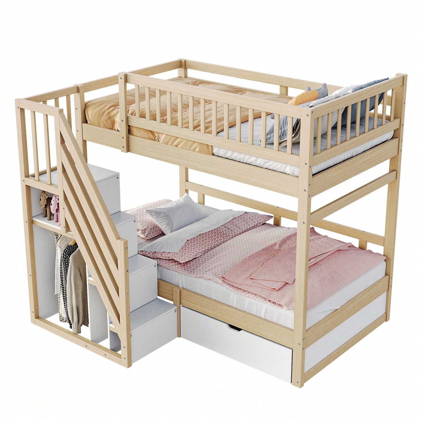 Massivholz-Etagenbett 90*200 cm - Mit hochwertigem Sicherheitsgitter, Lattenrost & praktischer Stauraumleiter - Inkl. Stauschubladen, graues Kinder- & Jugendbett (ohne Matratze)