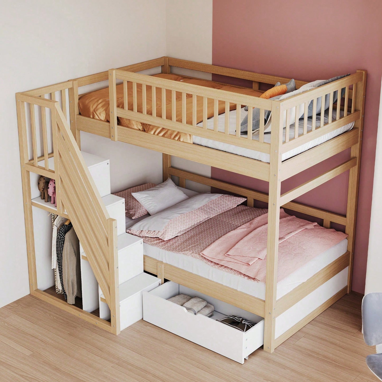 Massivholz-Etagenbett 90*200 cm - Mit hochwertigem Sicherheitsgitter, Lattenrost & praktischer Stauraumleiter - Inkl. Stauschubladen, graues Kinder- & Jugendbett (ohne Matratze)