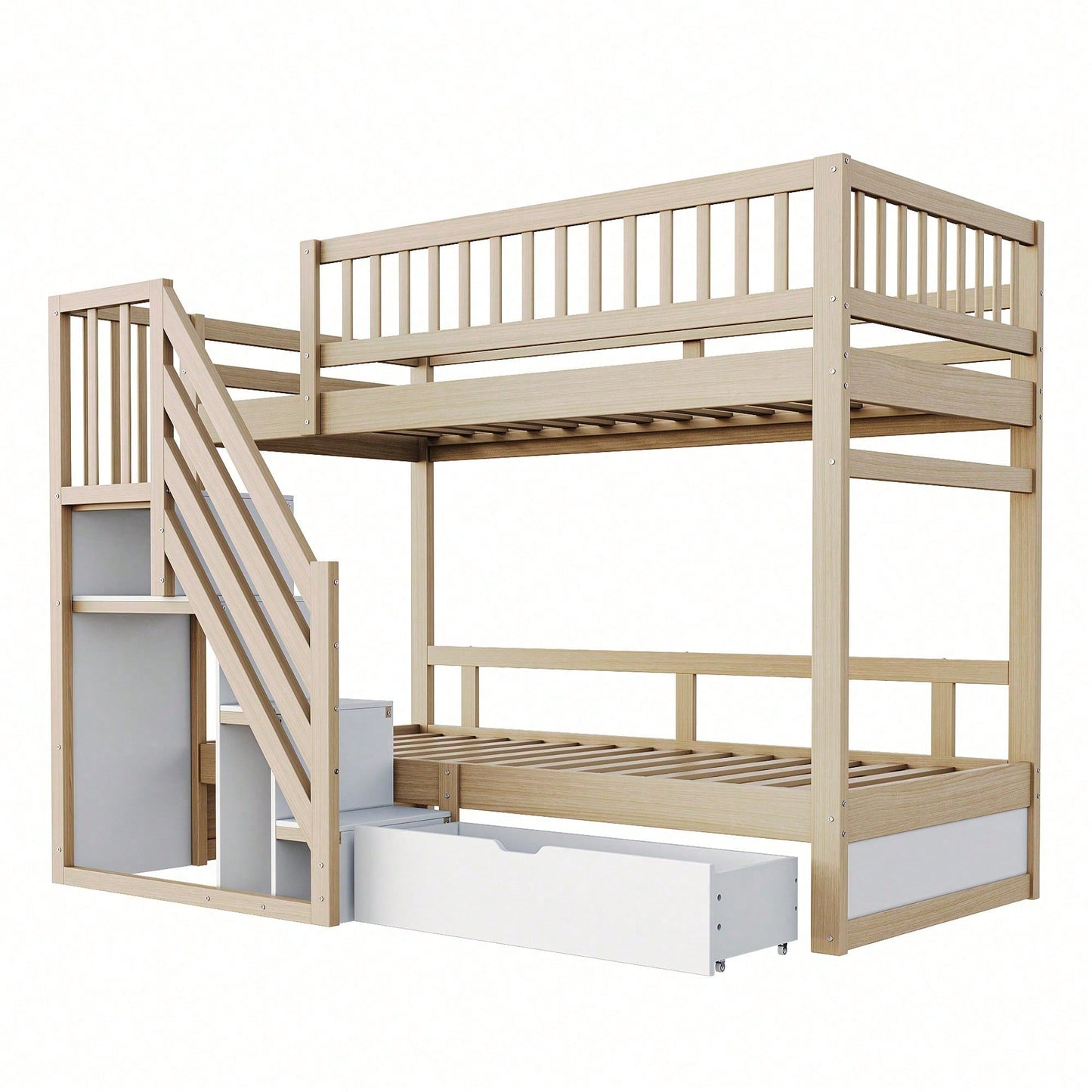 Massivholz-Etagenbett 90*200 cm - Mit hochwertigem Sicherheitsgitter, Lattenrost & praktischer Stauraumleiter - Inkl. Stauschubladen, graues Kinder- & Jugendbett (ohne Matratze)