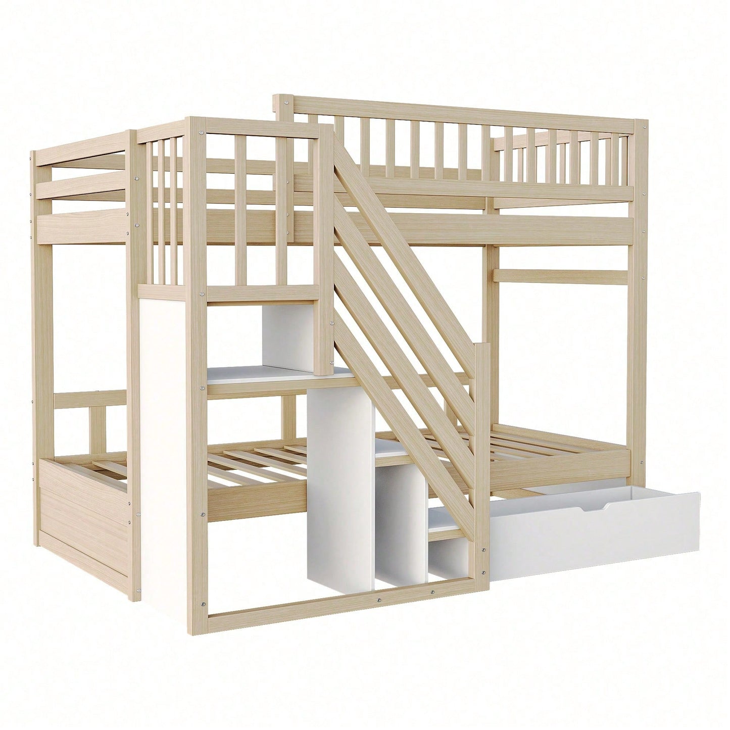 Massivholz-Etagenbett 90*200 cm - Mit hochwertigem Sicherheitsgitter, Lattenrost & praktischer Stauraumleiter - Inkl. Stauschubladen, graues Kinder- & Jugendbett (ohne Matratze)
