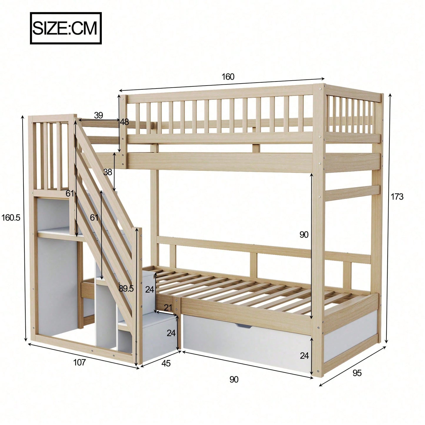 Massivholz-Etagenbett 90*200 cm - Mit hochwertigem Sicherheitsgitter, Lattenrost & praktischer Stauraumleiter - Inkl. Stauschubladen, graues Kinder- & Jugendbett (ohne Matratze)