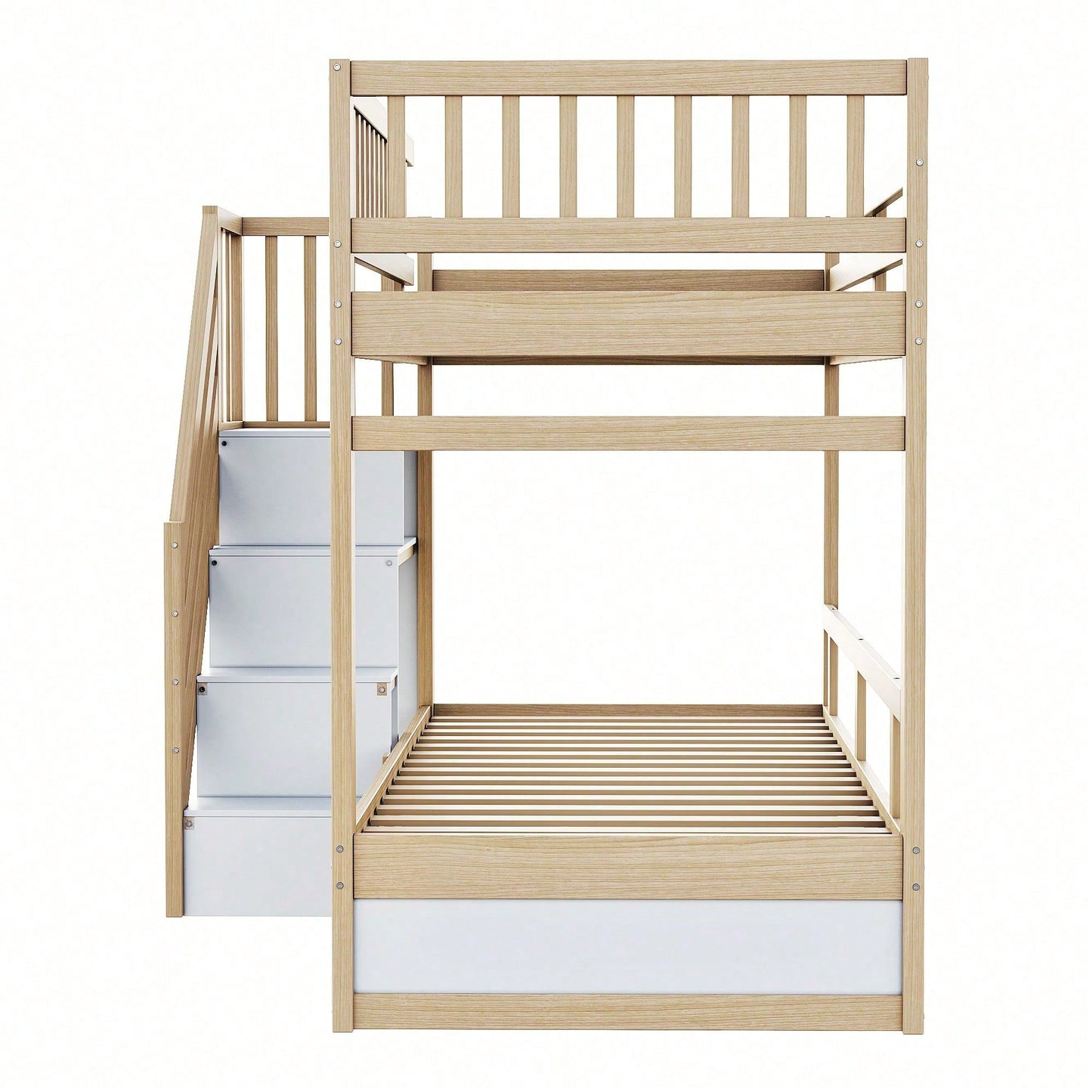 Massivholz-Etagenbett 90*200 cm - Mit hochwertigem Sicherheitsgitter, Lattenrost & praktischer Stauraumleiter - Inkl. Stauschubladen, graues Kinder- & Jugendbett (ohne Matratze)