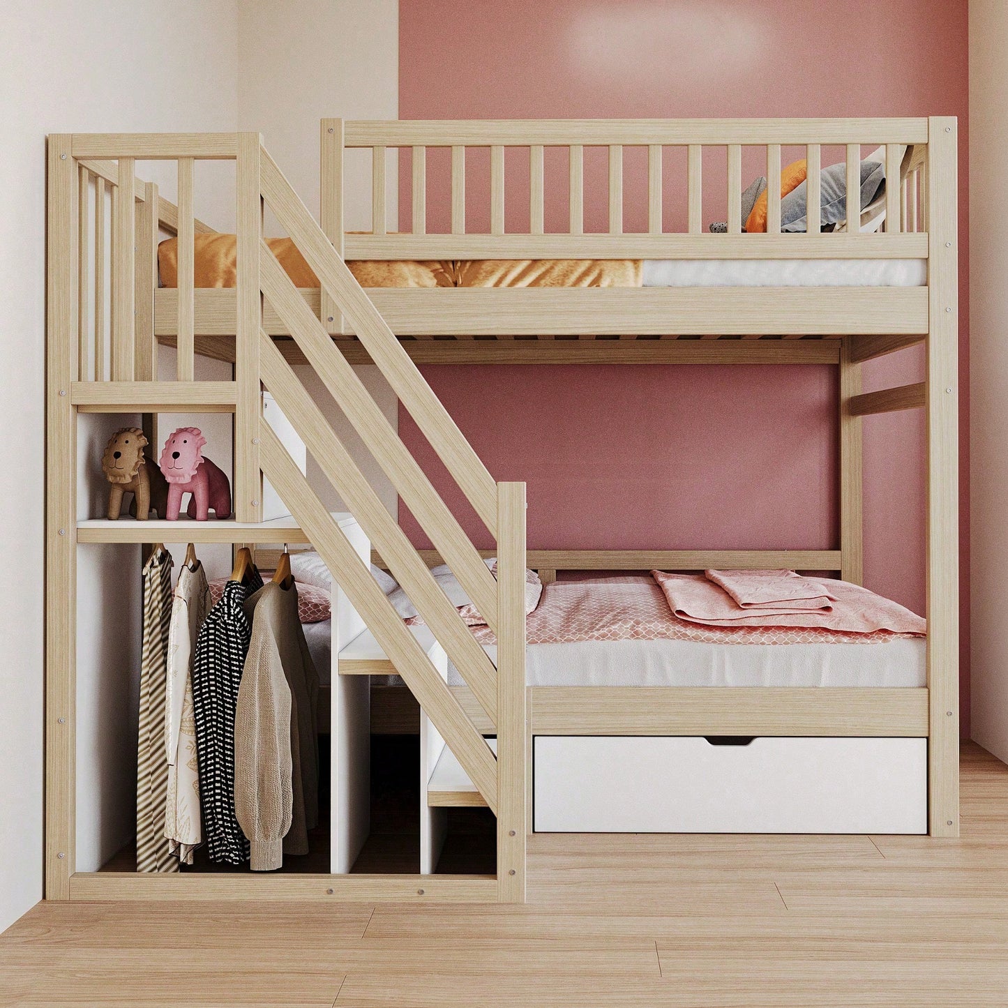 Massivholz-Etagenbett 90*200 cm - Mit hochwertigem Sicherheitsgitter, Lattenrost & praktischer Stauraumleiter - Inkl. Stauschubladen, graues Kinder- & Jugendbett (ohne Matratze)