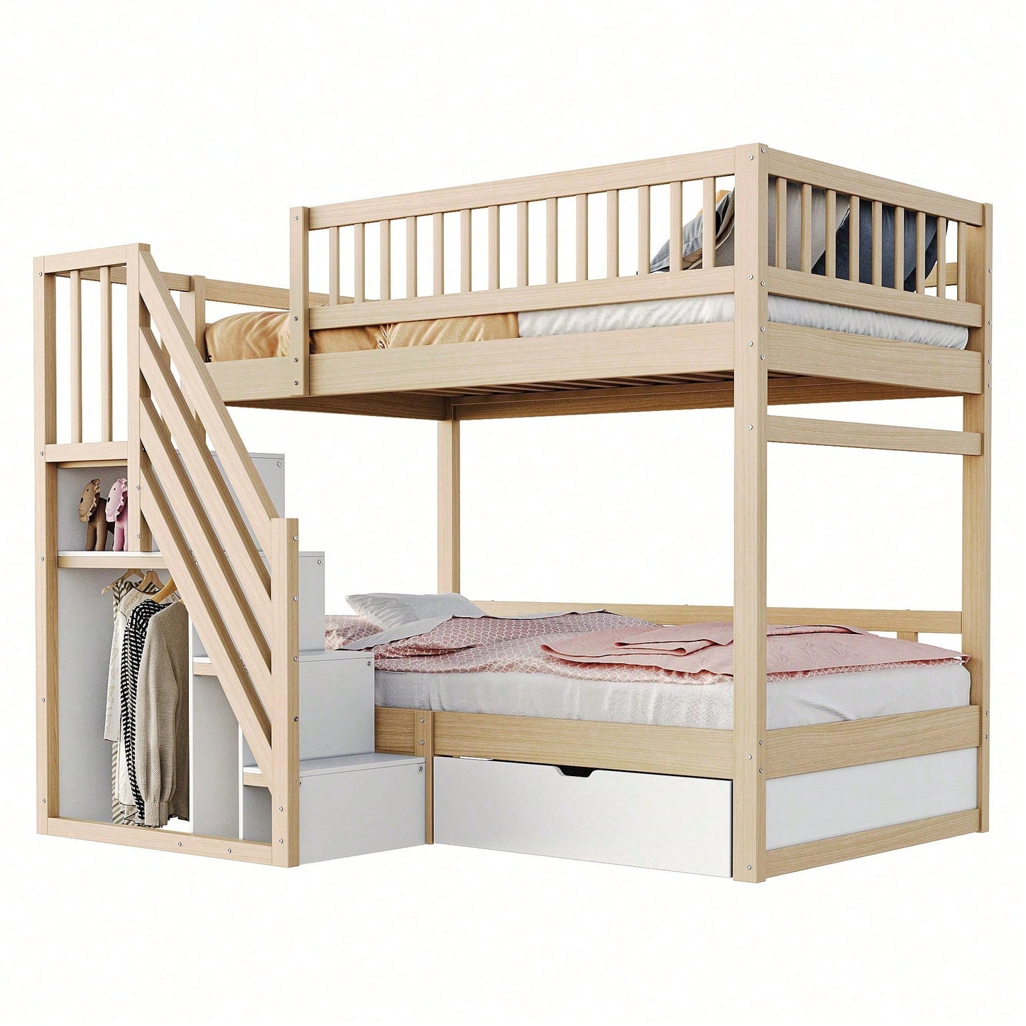 Massivholz-Etagenbett 90*200 cm - Mit hochwertigem Sicherheitsgitter, Lattenrost & praktischer Stauraumleiter - Inkl. Stauschubladen, graues Kinder- & Jugendbett (ohne Matratze)