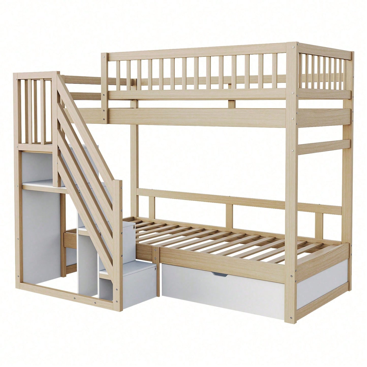 Massivholz-Etagenbett 90*200 cm - Mit hochwertigem Sicherheitsgitter, Lattenrost & praktischer Stauraumleiter - Inkl. Stauschubladen, graues Kinder- & Jugendbett (ohne Matratze)