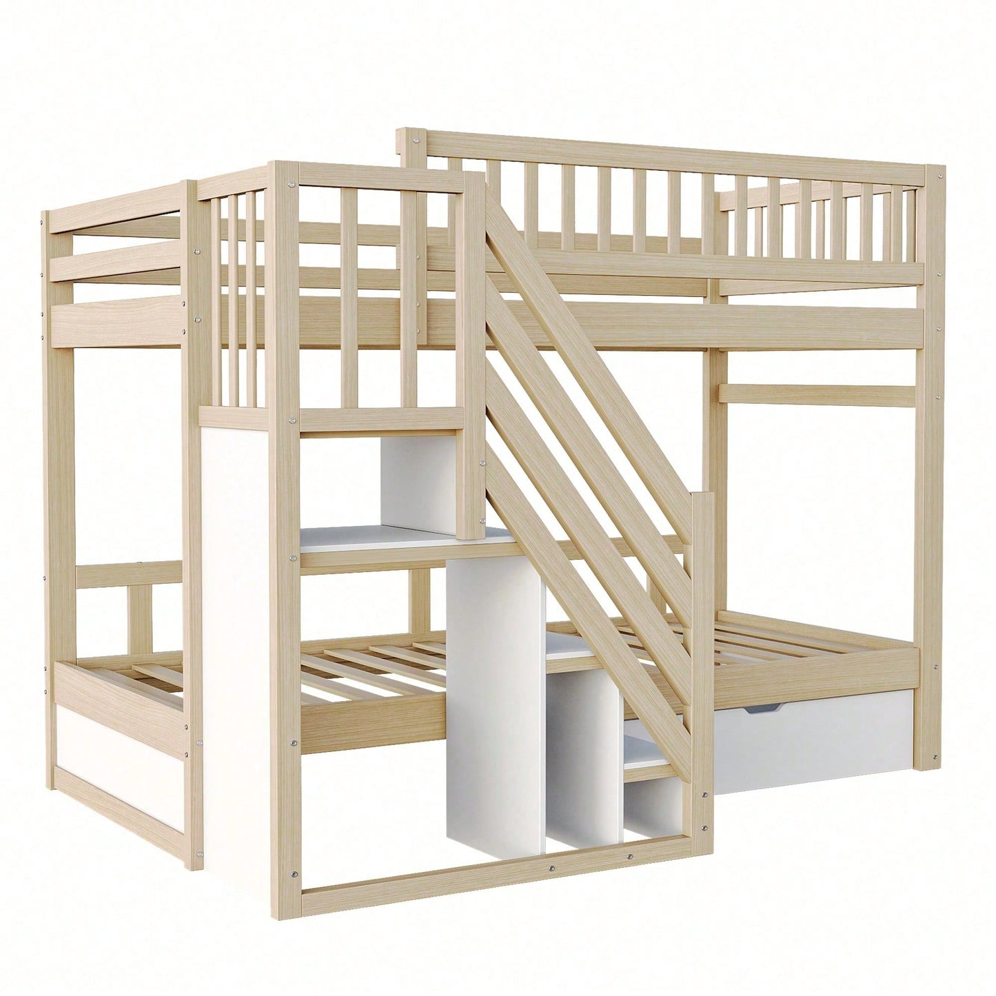 Massivholz-Etagenbett 90*200 cm - Mit hochwertigem Sicherheitsgitter, Lattenrost & praktischer Stauraumleiter - Inkl. Stauschubladen, graues Kinder- & Jugendbett (ohne Matratze)