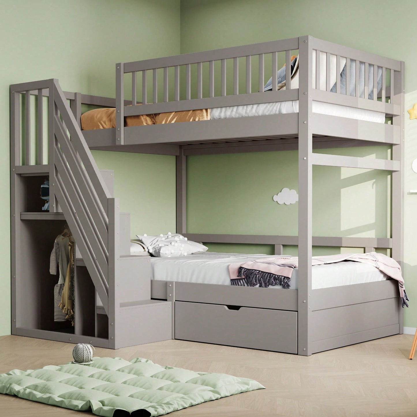 Massivholz-Etagenbett 90*200 cm - Mit hochwertigem Sicherheitsgitter, Lattenrost & praktischer Stauraumleiter - Inkl. Stauschubladen, graues Kinder- & Jugendbett (ohne Matratze)