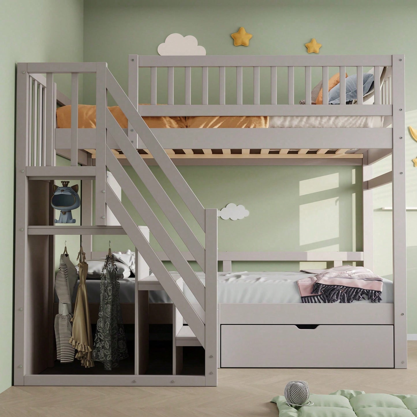 Massivholz-Etagenbett 90*200 cm - Mit hochwertigem Sicherheitsgitter, Lattenrost & praktischer Stauraumleiter - Inkl. Stauschubladen, graues Kinder- & Jugendbett (ohne Matratze)