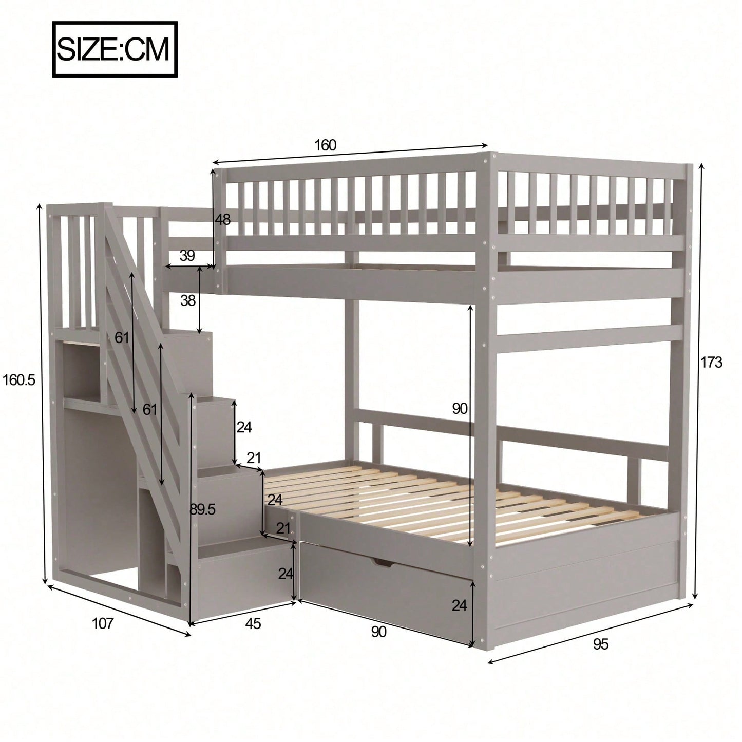 Massivholz-Etagenbett 90*200 cm - Mit hochwertigem Sicherheitsgitter, Lattenrost & praktischer Stauraumleiter - Inkl. Stauschubladen, graues Kinder- & Jugendbett (ohne Matratze)