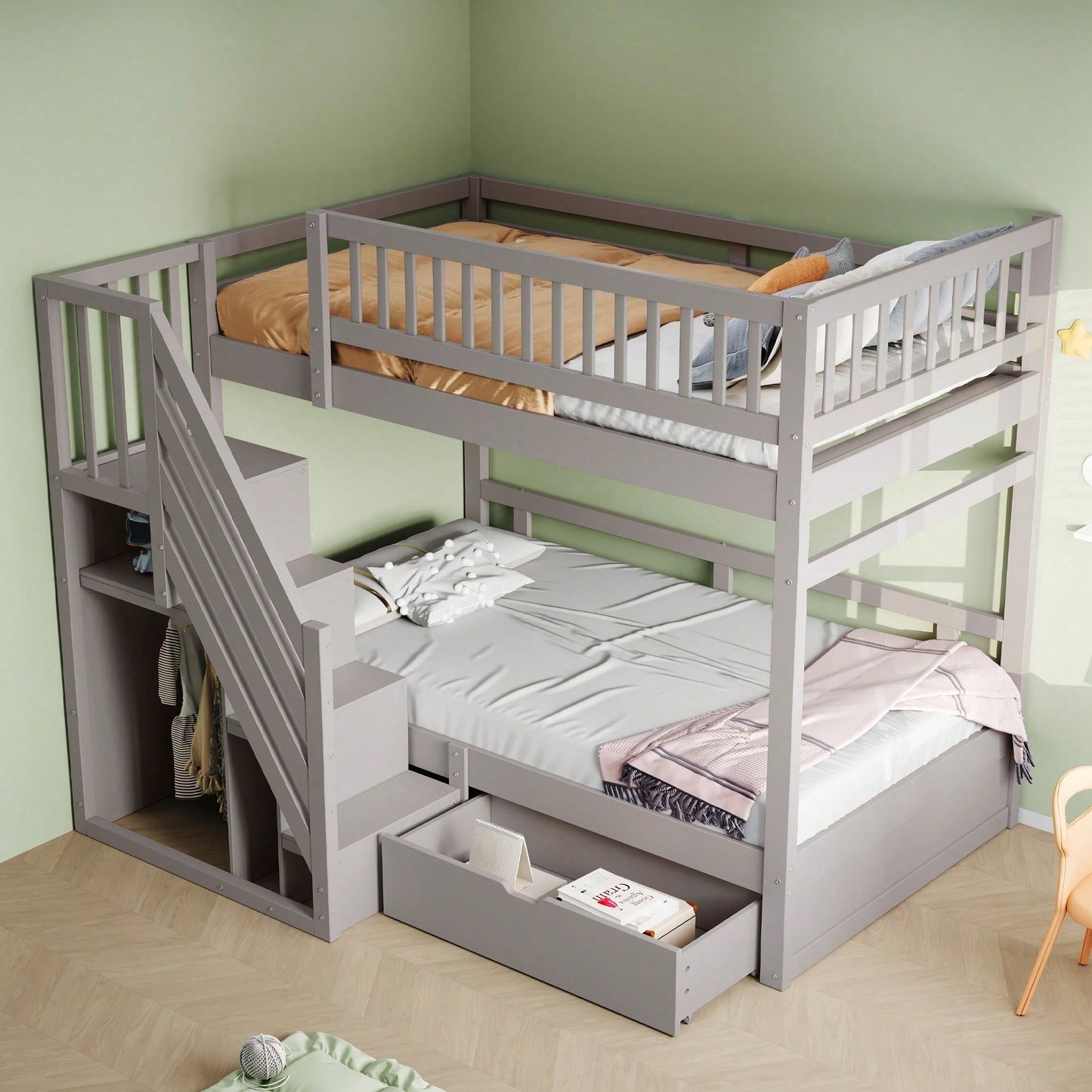 Massivholz-Etagenbett 90*200 cm - Mit hochwertigem Sicherheitsgitter, Lattenrost & praktischer Stauraumleiter - Inkl. Stauschubladen, graues Kinder- & Jugendbett (ohne Matratze)