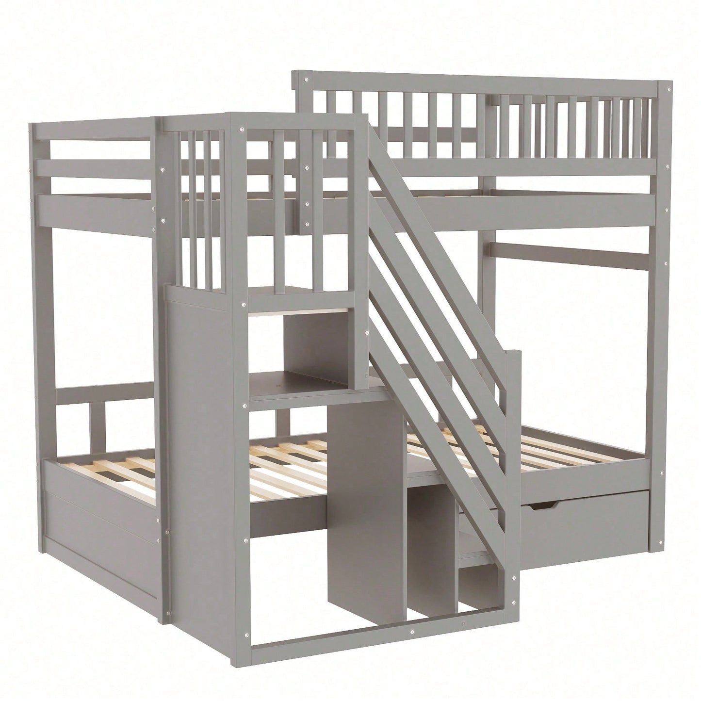 Massivholz-Etagenbett 90*200 cm - Mit hochwertigem Sicherheitsgitter, Lattenrost & praktischer Stauraumleiter - Inkl. Stauschubladen, graues Kinder- & Jugendbett (ohne Matratze)