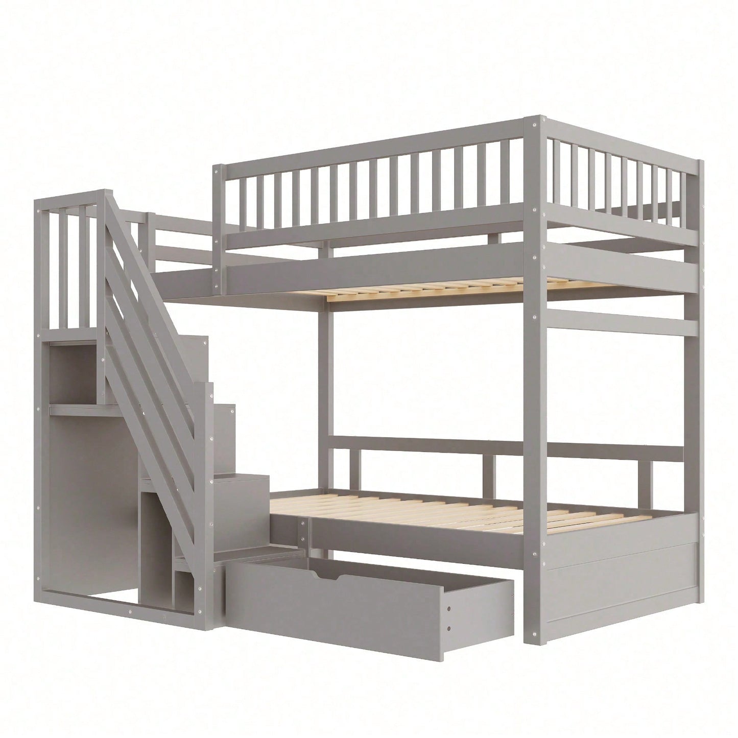 Massivholz-Etagenbett 90*200 cm - Mit hochwertigem Sicherheitsgitter, Lattenrost & praktischer Stauraumleiter - Inkl. Stauschubladen, graues Kinder- & Jugendbett (ohne Matratze)