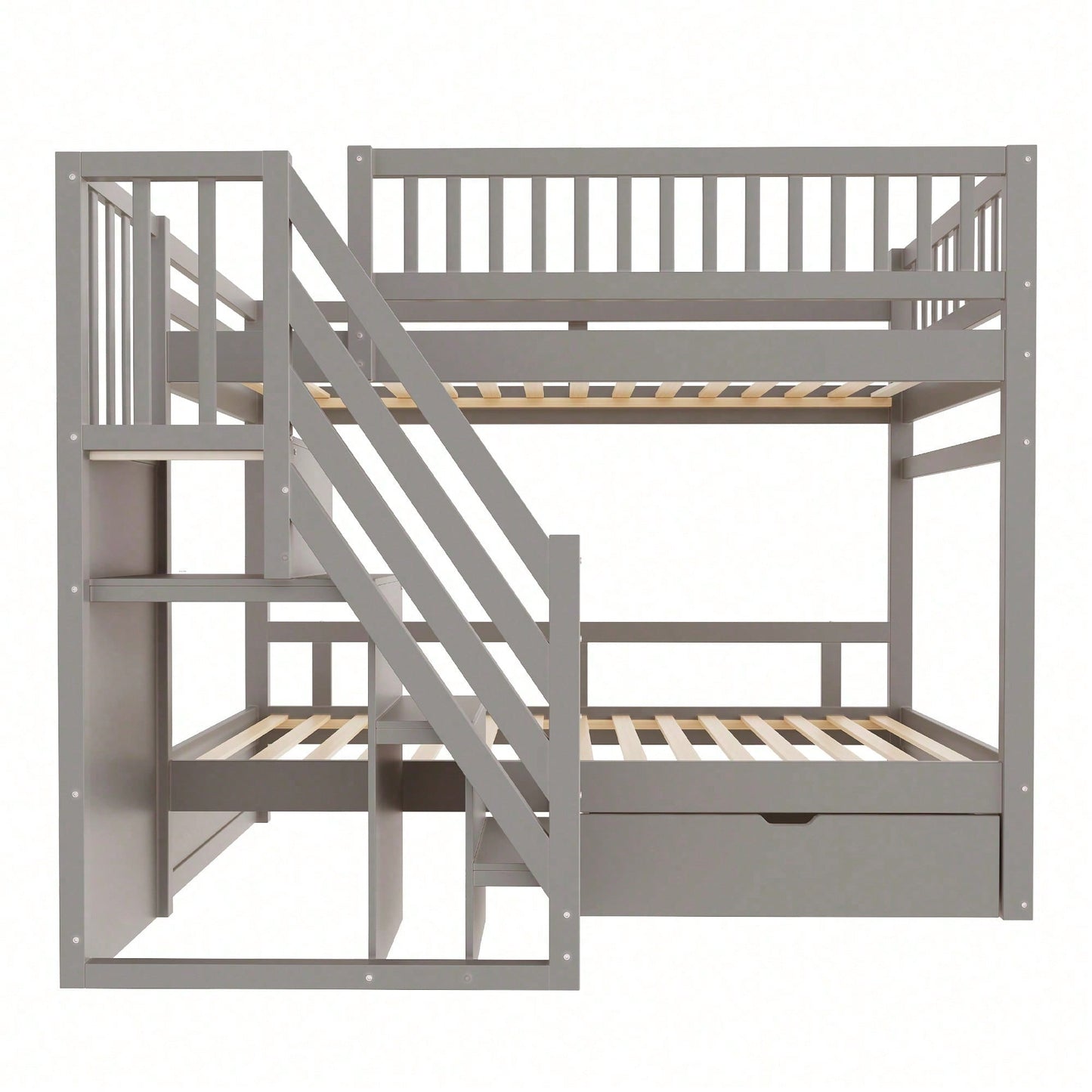 Massivholz-Etagenbett 90*200 cm - Mit hochwertigem Sicherheitsgitter, Lattenrost & praktischer Stauraumleiter - Inkl. Stauschubladen, graues Kinder- & Jugendbett (ohne Matratze)