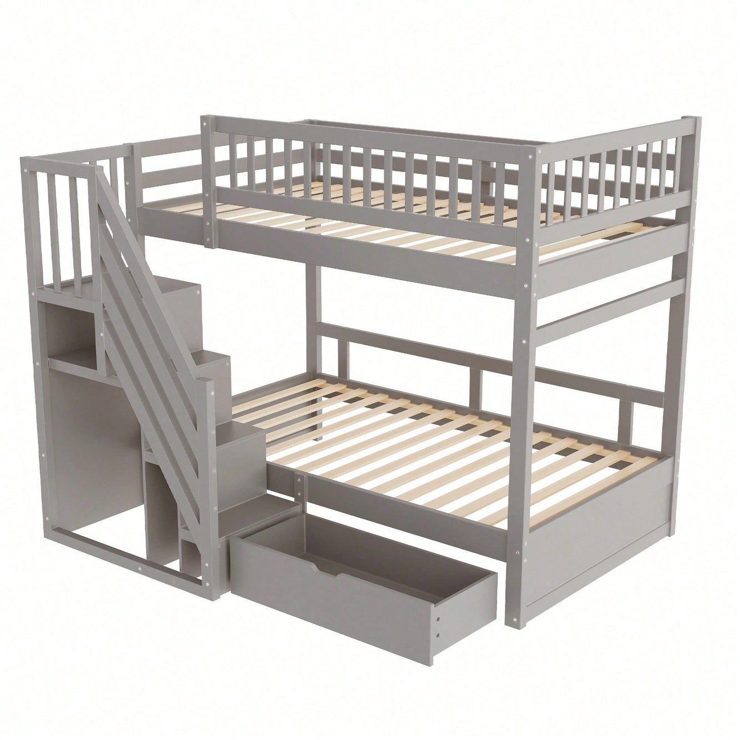 Massivholz-Etagenbett 90*200 cm - Mit hochwertigem Sicherheitsgitter, Lattenrost & praktischer Stauraumleiter - Inkl. Stauschubladen, graues Kinder- & Jugendbett (ohne Matratze)