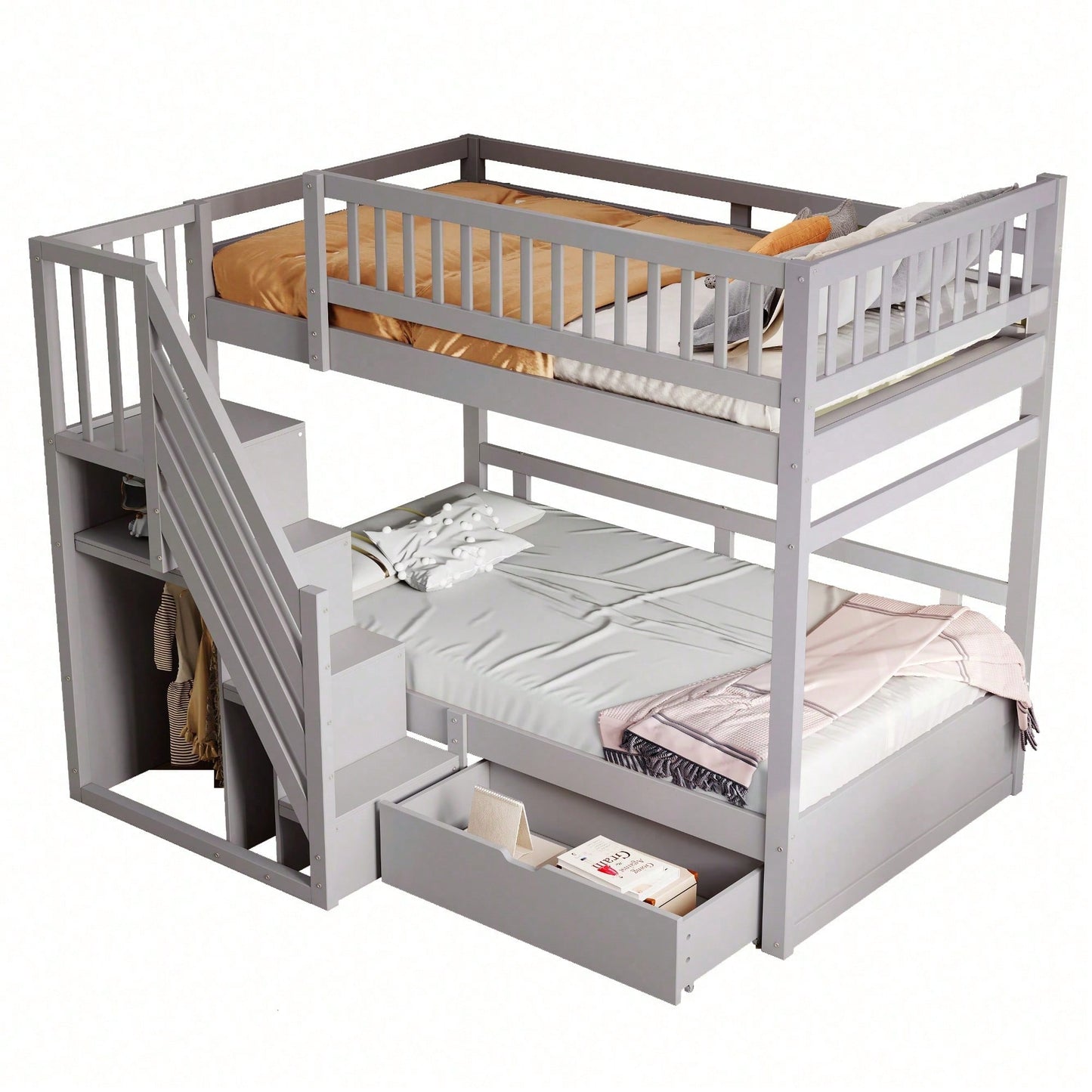 Massivholz-Etagenbett 90*200 cm - Mit hochwertigem Sicherheitsgitter, Lattenrost & praktischer Stauraumleiter - Inkl. Stauschubladen, graues Kinder- & Jugendbett (ohne Matratze)