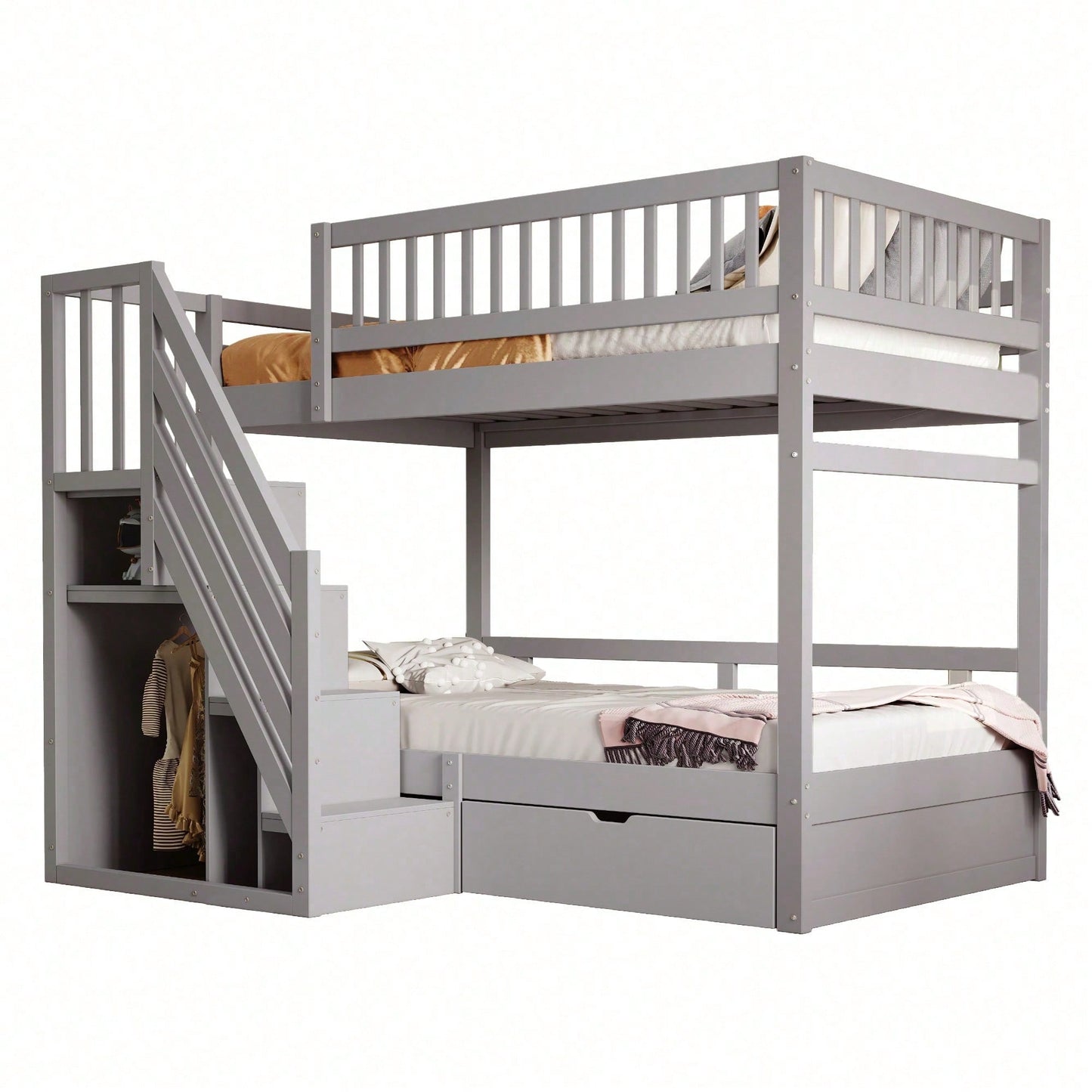 Massivholz-Etagenbett 90*200 cm - Mit hochwertigem Sicherheitsgitter, Lattenrost & praktischer Stauraumleiter - Inkl. Stauschubladen, graues Kinder- & Jugendbett (ohne Matratze)