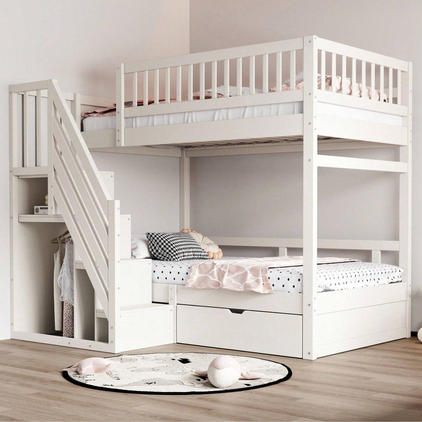 Massivholz-Etagenbett 90*200 cm - Mit hochwertigem Sicherheitsgitter, Lattenrost & praktischer Stauraumleiter - Inkl. Stauschubladen, graues Kinder- & Jugendbett (ohne Matratze)