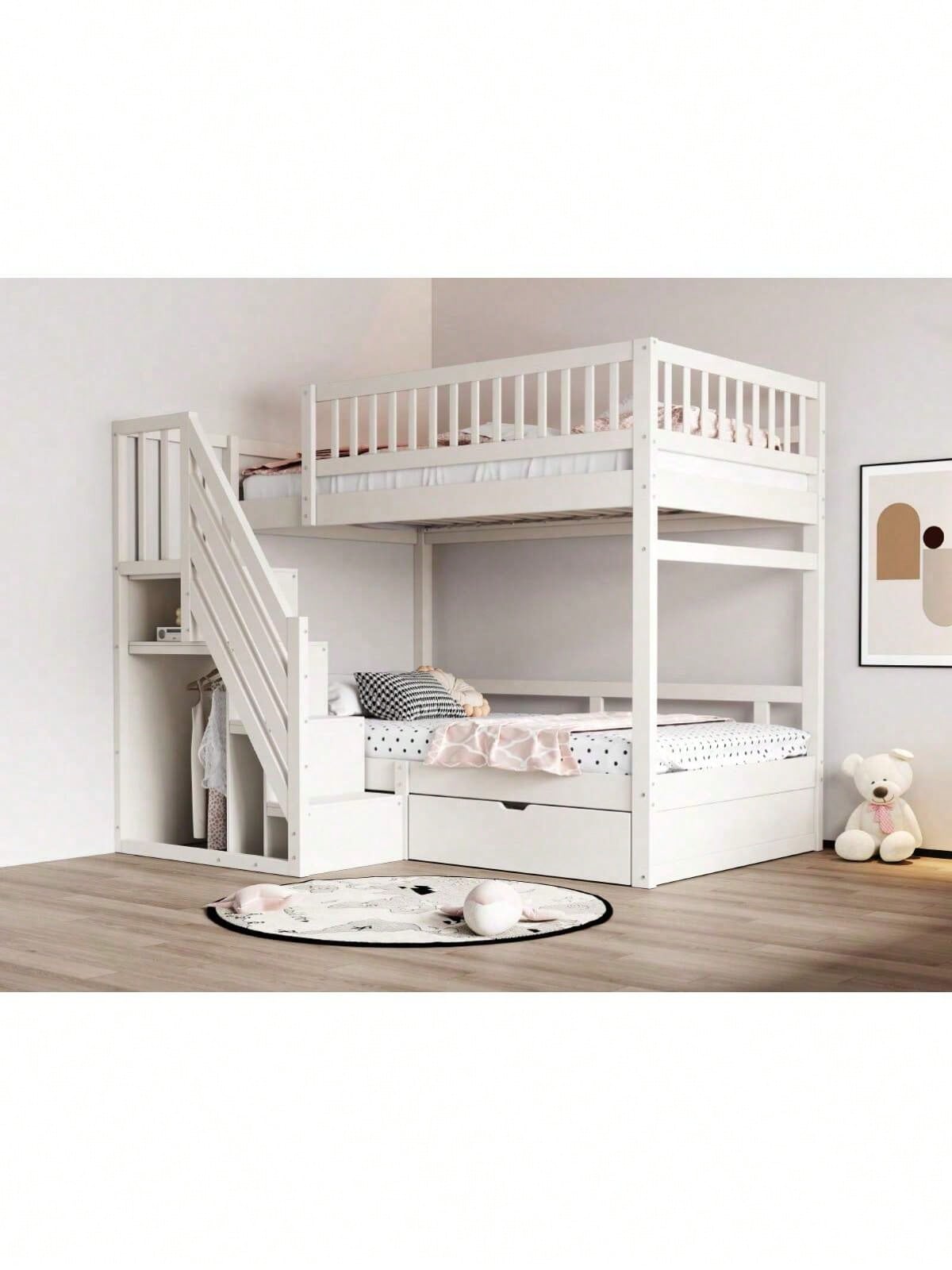 Massivholz-Etagenbett 90*200 cm - Mit hochwertigem Sicherheitsgitter, Lattenrost & praktischer Stauraumleiter - Inkl. Stauschubladen, graues Kinder- & Jugendbett (ohne Matratze)
