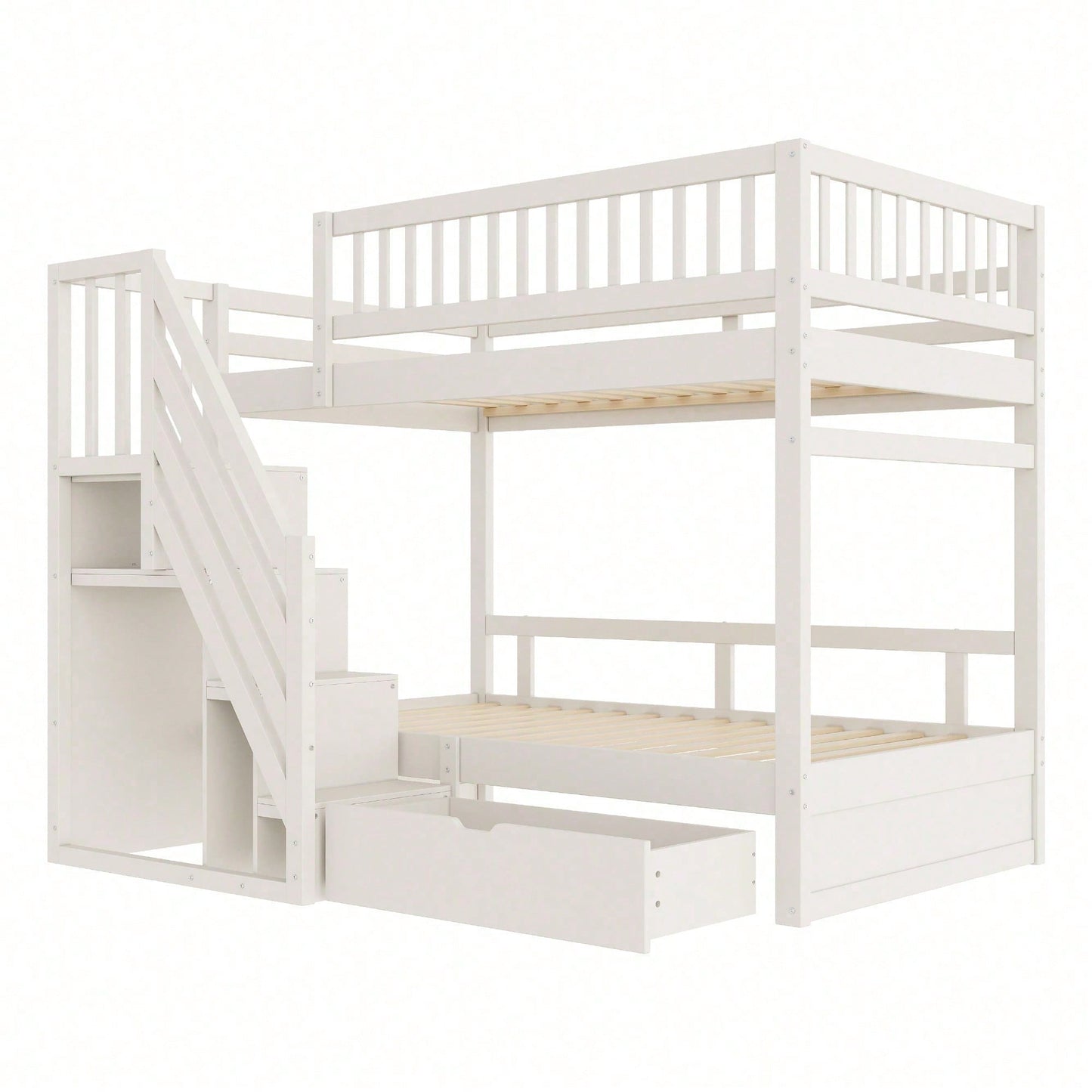 Massivholz-Etagenbett 90*200 cm - Mit hochwertigem Sicherheitsgitter, Lattenrost & praktischer Stauraumleiter - Inkl. Stauschubladen, graues Kinder- & Jugendbett (ohne Matratze)