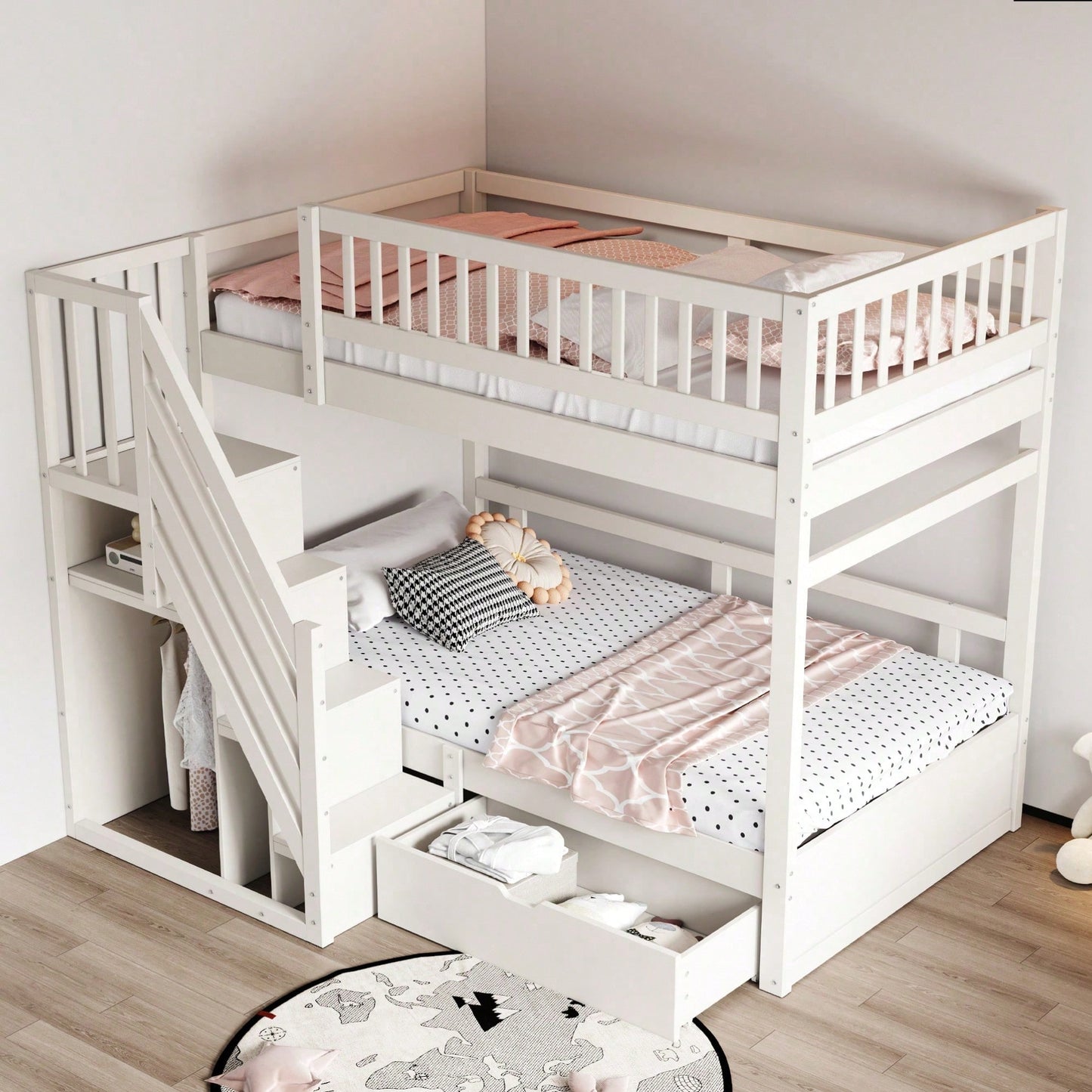 Massivholz-Etagenbett 90*200 cm - Mit hochwertigem Sicherheitsgitter, Lattenrost & praktischer Stauraumleiter - Inkl. Stauschubladen, graues Kinder- & Jugendbett (ohne Matratze)