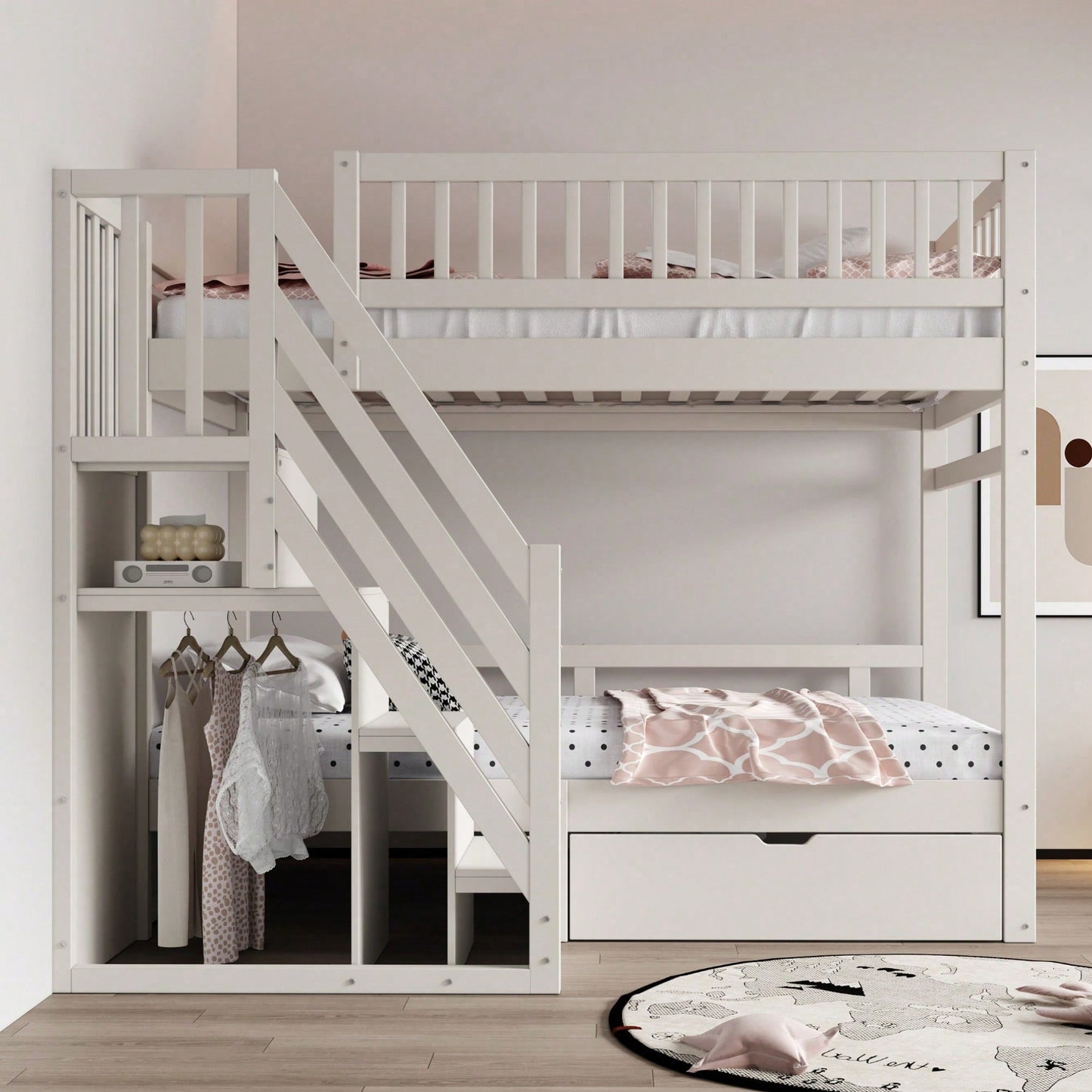 Massivholz-Etagenbett 90*200 cm - Mit hochwertigem Sicherheitsgitter, Lattenrost & praktischer Stauraumleiter - Inkl. Stauschubladen, graues Kinder- & Jugendbett (ohne Matratze)