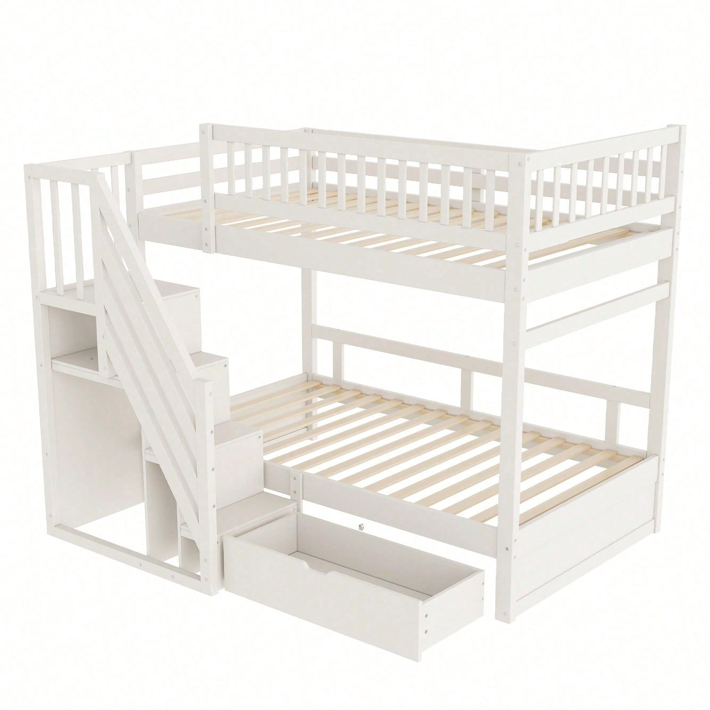 Massivholz-Etagenbett 90*200 cm - Mit hochwertigem Sicherheitsgitter, Lattenrost & praktischer Stauraumleiter - Inkl. Stauschubladen, graues Kinder- & Jugendbett (ohne Matratze)